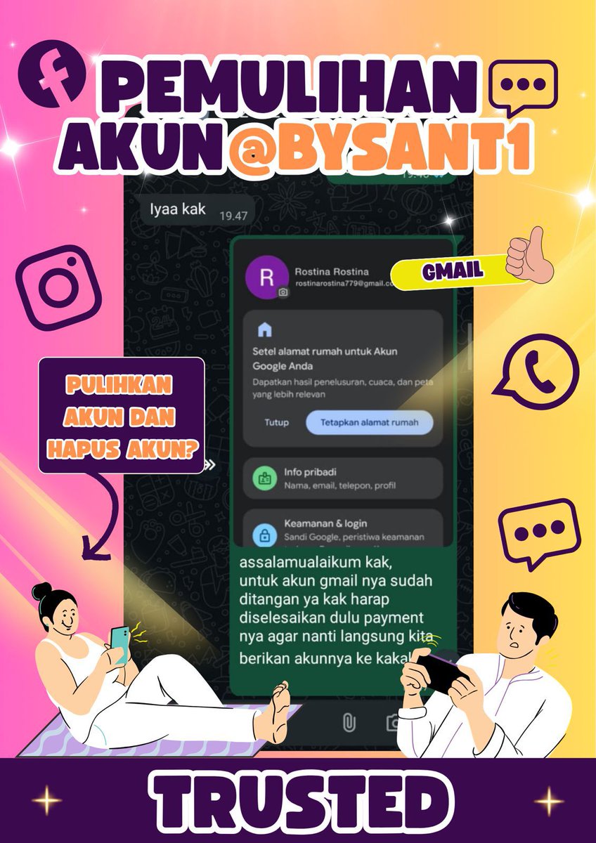 _evesite's tweet image. JASA ❕❕
PEMULIHAN AKUN DAN HAPUS AKUN

🌸&amp;gt;JASA HAPUS AKUN 
🌸&amp;gt;PULIHKAN BALIKIN AKUN LUPA PASWORD/KE HACK
🌸&amp;gt;JASA LACAK LOKASI
🌸&amp;gt;SADAP WA
🌸&amp;gt;LACAK HP HILANG BY NO HP/IMEI
🌸&amp;gt;JASA HACK/PEMULIHAN AKUN (EMAIL,IG,WA,TWITER/X, FB,TIKTOK)

FAST RESPON WA