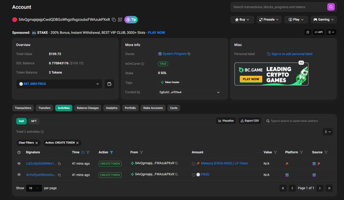 $frog dev has another coin

$frog dev was funded by this wallet : 
EgEsG2NJtEyieK4x9DKYg2ysouEeftrJjztrrPe7E9wA

this wallet only ever sent sol to 2 wallets

$frog dev, and the $test dev
proof : solscan.io/account/EgEsG2…

TEST CA : FWGgtVN6zkegM1HECrMDqehkSqVQZbvRxipWQrdh8dqN