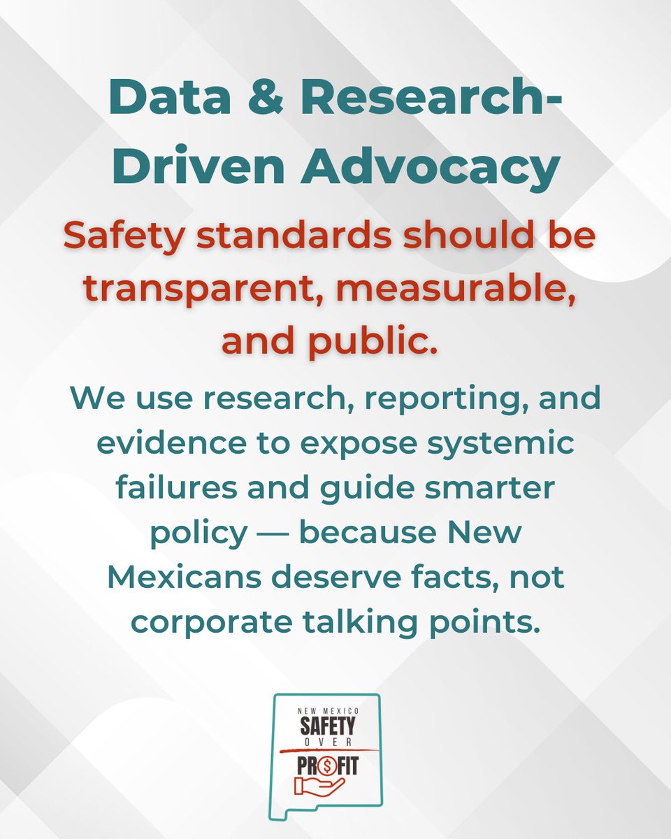 NMSafety1st's tweet photo. (Post 1/2) As the 2026 Legislative Session begins, we are rooting our priorities in our values. 

New Mexico Safety Over Profit fights for a state where people matter more than profit margins. 

We believe in corporate accountability, survivor-led leadership and expertise, and solutions that are backed by evidence and data, not industry pressure or fear-based narratives.

New Mexico families deserve a healthcare system that puts people first. This session, we are advocating for policies that reflect that truth. 

Stay tuned for post two with more legislative priorities tomorrow!