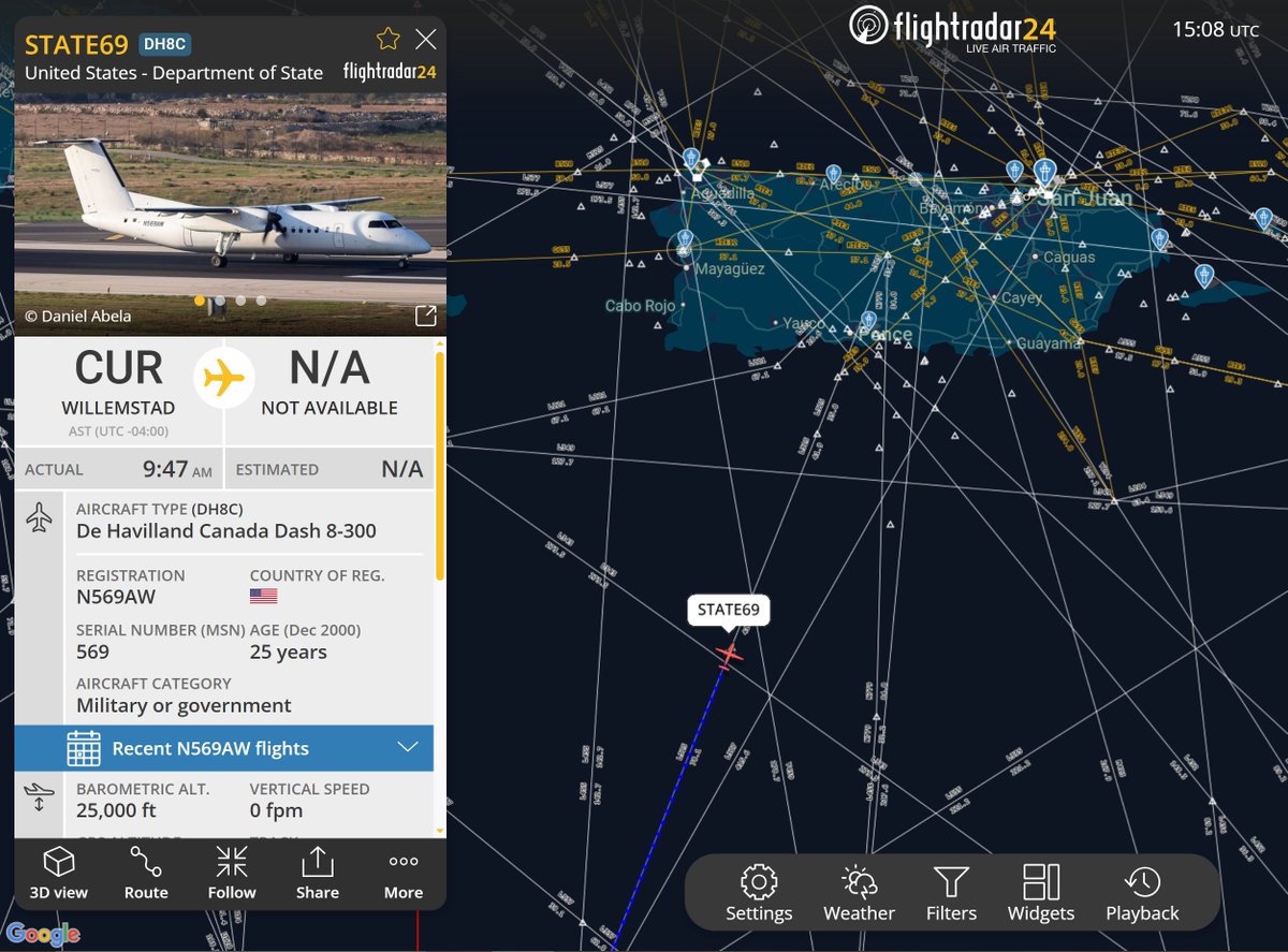 r4streando's tweet photo. #A7486E | N569AW | DH8C | #STATE69
U.S. Department of State Dash 8, returning from Caracas (#CCS/#SVMI) via Willemstad, Curaçao, where it had a layover yesterday. Headed to San Juan (#SJU/#TJSJ), Puerto Rico. https://t.co/ueXNhSRjQt