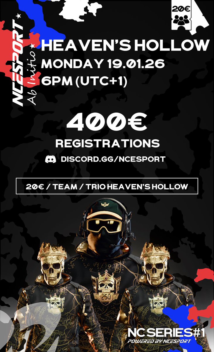 Update NC Series 19.01

Cashprize has been increased

❌•Past CP: 280€ 
🆕•New CP: 400€

Global Infos:
🗺️ • Heaven’s Hollow
📆 • 19.01.26
🕕 • 18:00 (France) / 5pm (London)
💰 • 400€
🎟️ • 20€ / Trio
📂 • Registration via discord:

discord.gg/ncesport

RT x Like is