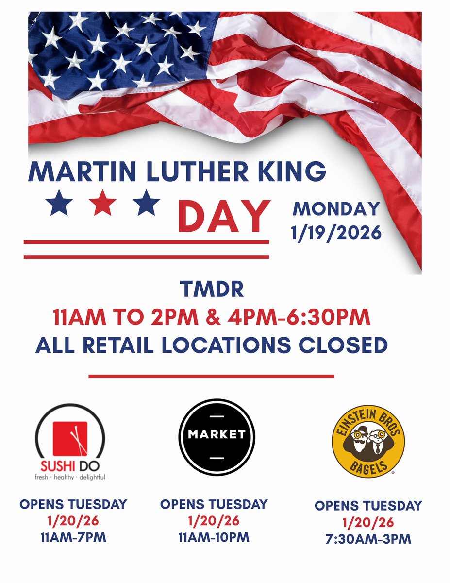 Rockhurstdining's tweet image. Here are the updated dining hours for MLK Day! 
All locations return to normal operating hours on Tuesday, January 20th.