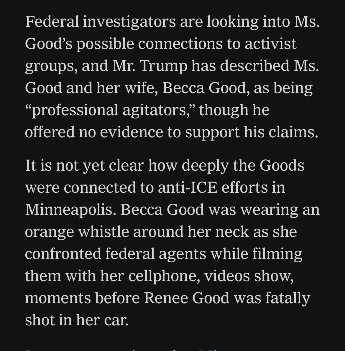 julie_kelly2's tweet image. In just one example of the media’s dishonest representation of Becca and Renee Good—the NYT has yet to correct past articles referring to Becca as “wife” and “widow” while other NYT reporters/columnists now accurately describe her as Renee’s “partner.”