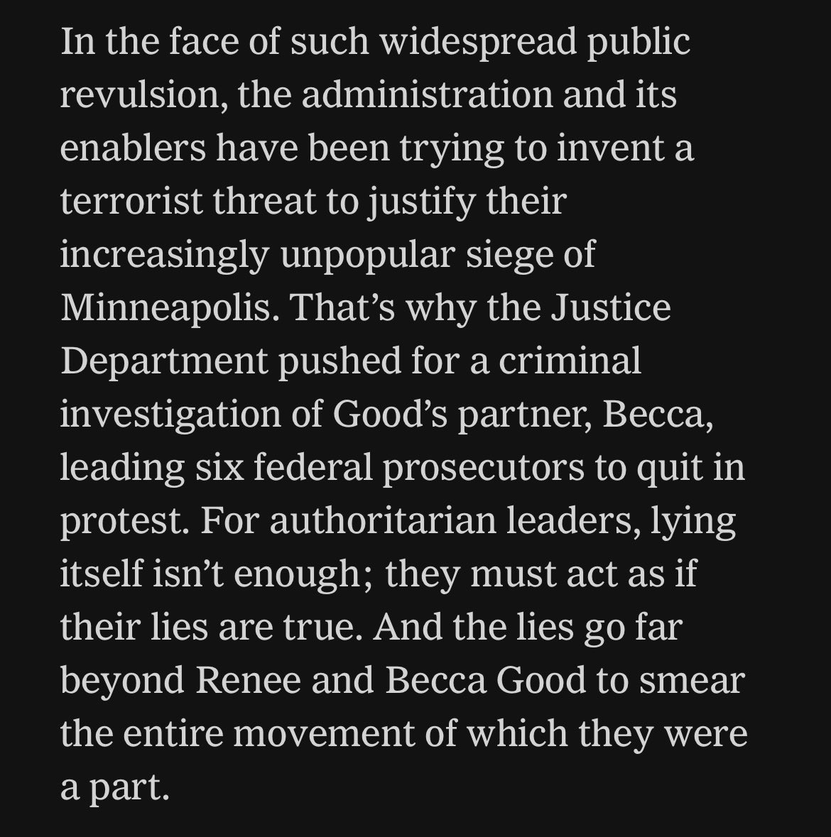 julie_kelly2's tweet image. In just one example of the media’s dishonest representation of Becca and Renee Good—the NYT has yet to correct past articles referring to Becca as “wife” and “widow” while other NYT reporters/columnists now accurately describe her as Renee’s “partner.”