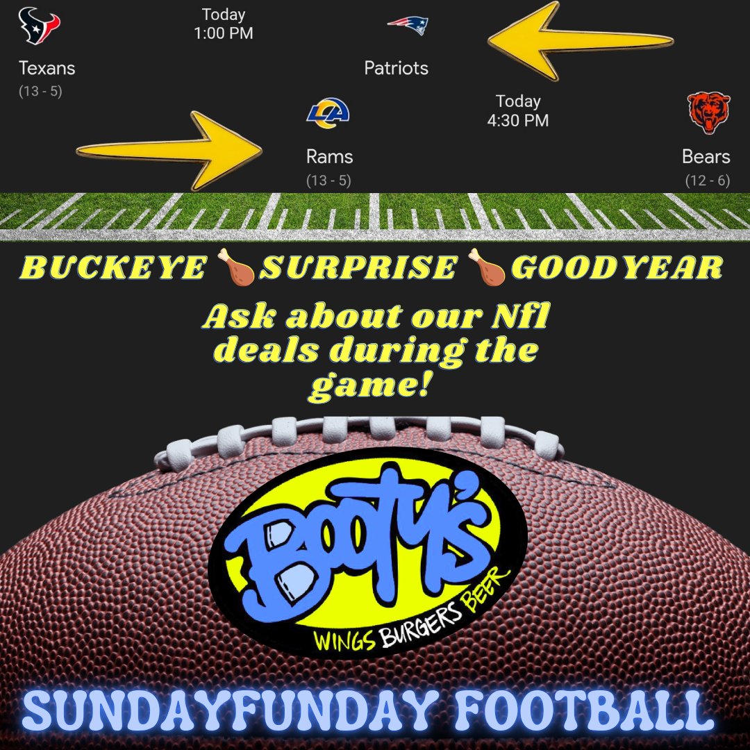 bootyswings's tweet image. SUNDAY FUNDAY FOOTBALL! 🏈
Epic matchups, ALL 3 BOOTY'S locations ready to serve you! 

🏈 Texans vs Patriots - 1:00 PM 
🏈 Rams vs Bears- 4:30 PM

Whether you're rooting for the your home team or just here for our legendary wings and burgers, we've got you covered!