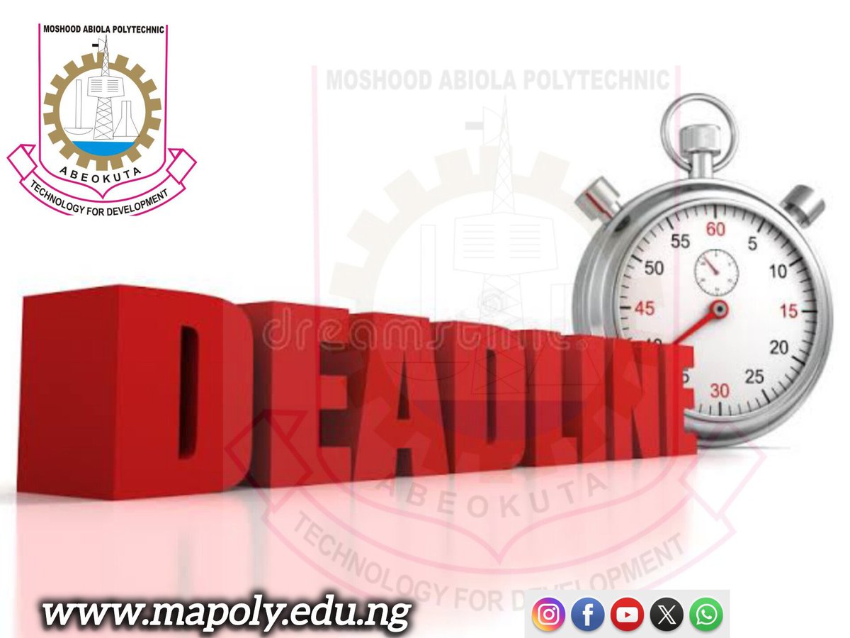 Management Directs Students to Complete First Semester Registration; Penalties Set for Late Registration

The Management of <a href="/MAPOLYinfo/">Moshood Abiola Polytechnic, Abeokuta.</a> has directed all categories of students to complete their first semester registration before Friday, 23rd January, 2026

mapoly.edu.ng/2025-2026-mana…