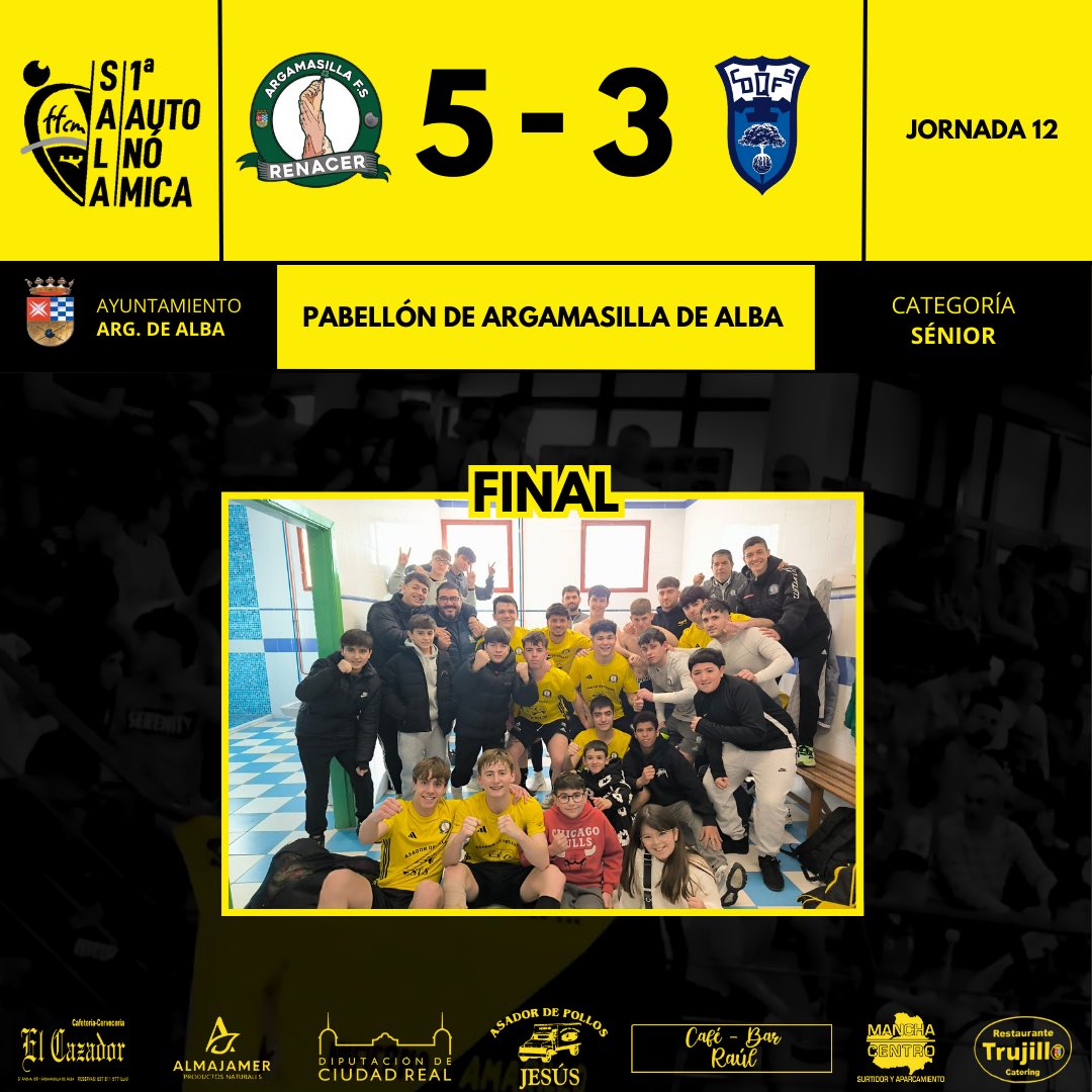 |SÉNIOR|

Renacer Argamasilla FS 5-3 CD Quintanar FS Biopastis 
⚽️⚽️ Josete
⚽️ Yeray
⚽️ Juancar
⚽️ p.p.

Remontada de los nuestros para terminar con la mala racha y dejar los 3 puntos en casa.

#PasiónPorLoNuestro
