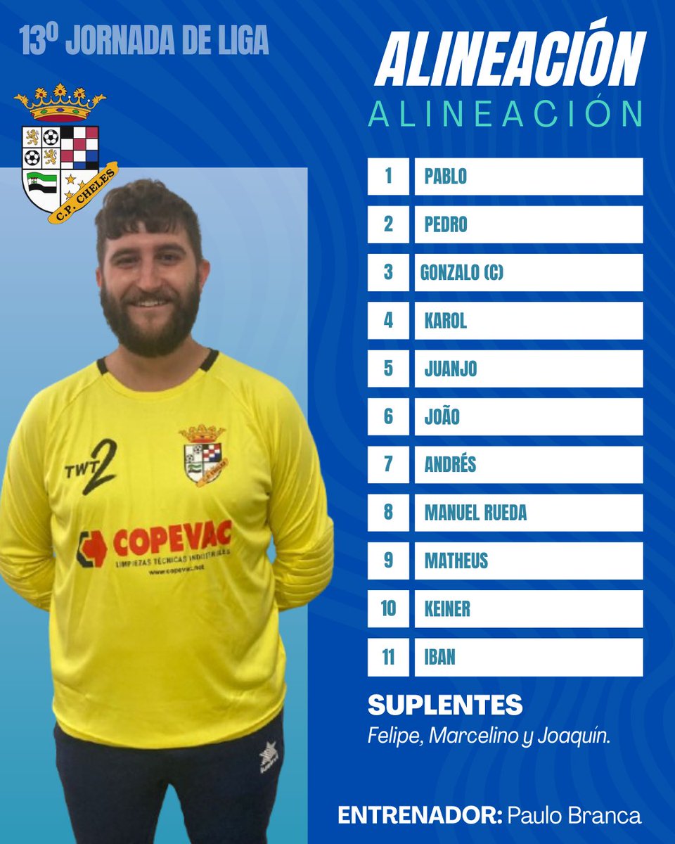 📋 𝐀𝐋𝐈𝐍𝐄𝐀𝐂𝐈Ó𝐍 𝐂𝐏 𝐂𝐇𝐄𝐋𝐄𝐒

Este es el equipo titular elegido por Paulo Branca 💪⚽ para disputar el decimotercer encuentro de la temporada ante la GARROVILLA.

¡A darlo todo, equipo! 🙌💥

#VamosCheles #liga25_26