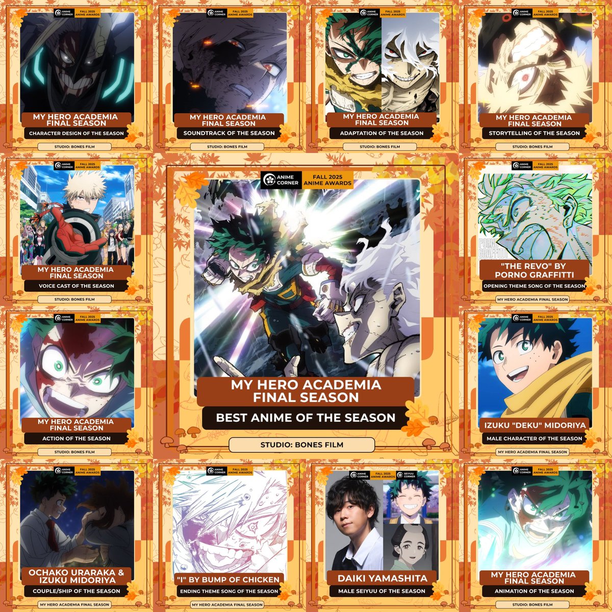 Acceletor4882's tweet image. My Hero Academia has Won a total of 13 awards this past  fall Season of 2025 which includes:

- Best Character Design of the Season

- Best Soundtrack of the Season

- Best Adaptation of the Season 

- Best story telling if the Season 

- Best Voice Cast of the Season 

- Best…