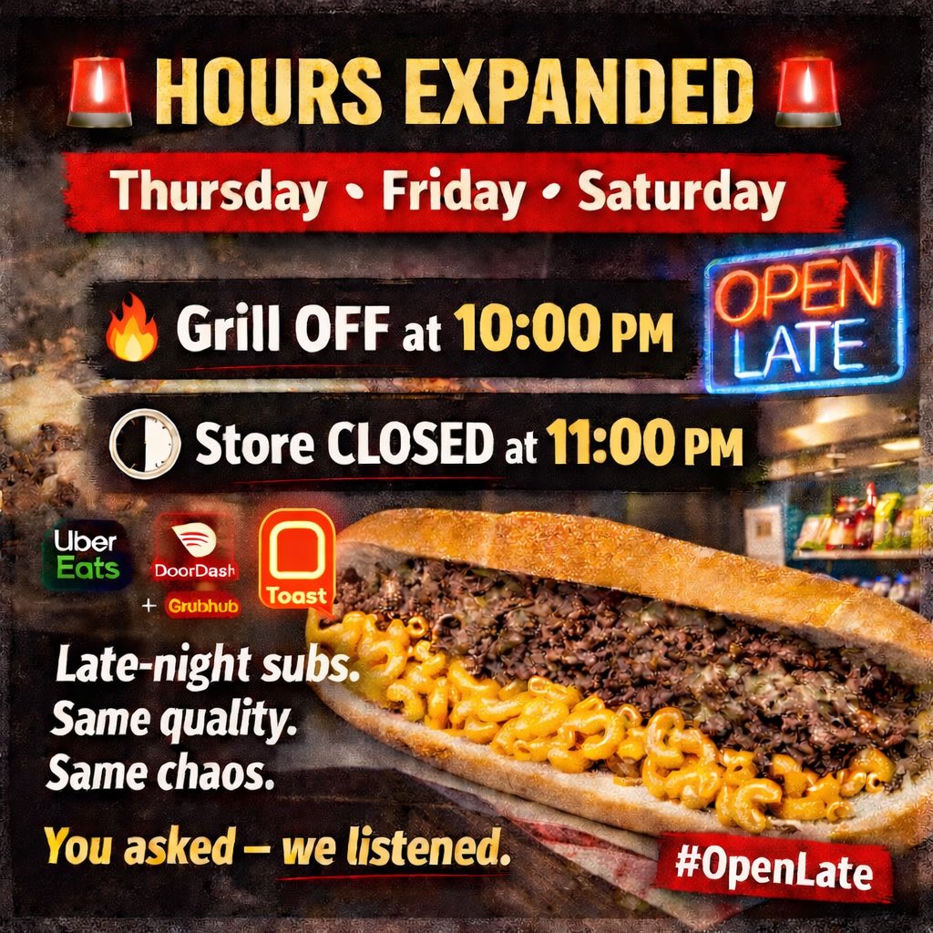 Thursday, Friday &amp; Saturday nights just got better.

🔥 Grill shuts down at 10PM
🕚 Doors close at 11PM

If you’re hungry late — you’re covered.
Find us on UberEats, DoorDash, GrubHub, and Toast

#OpenLate #LateNightEats #DeliLife