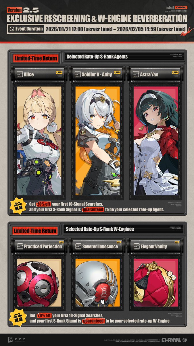 ZZZ_EN's tweet image. Version 2.5 Exclusive Rescreening &amp;amp; W-Engine Reverberation

Dear Proxies,
The Exclusive Rescreening &amp;amp; W-Engine Reverberation selectable channels are now open for a limited time. The Signal Search event period is as follows: 2026/01/21 12:00 (server time) – 2026/02/05 14:59…