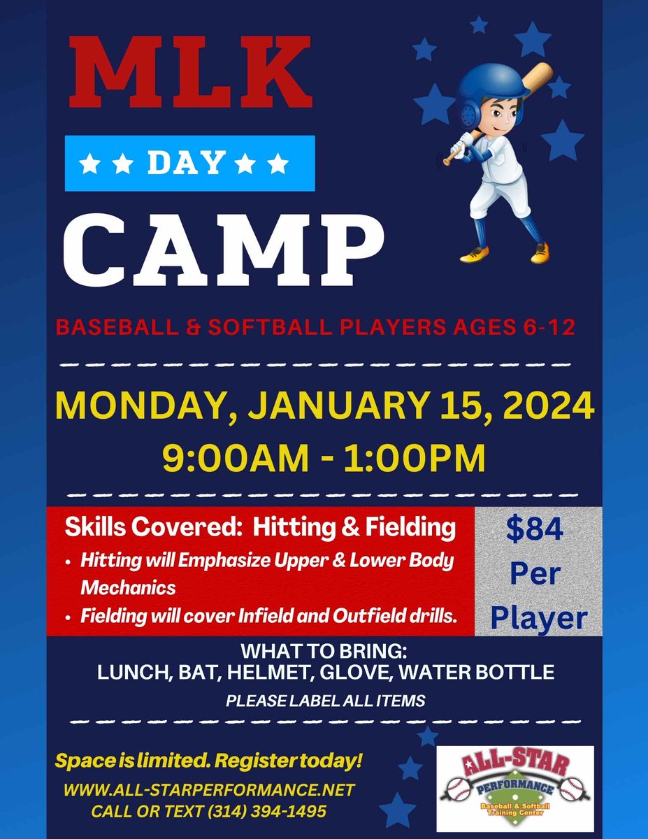 MLK DAY CAMP 1-19-26
          Athletes will enjoy a full day of:
⚾ Hitting AND fielding
💪 Skill-building games &amp; friendly competitions
🤝 Teamwork, confidence &amp; sportsmanship
                ONLY 10 SPOTS LEFT!