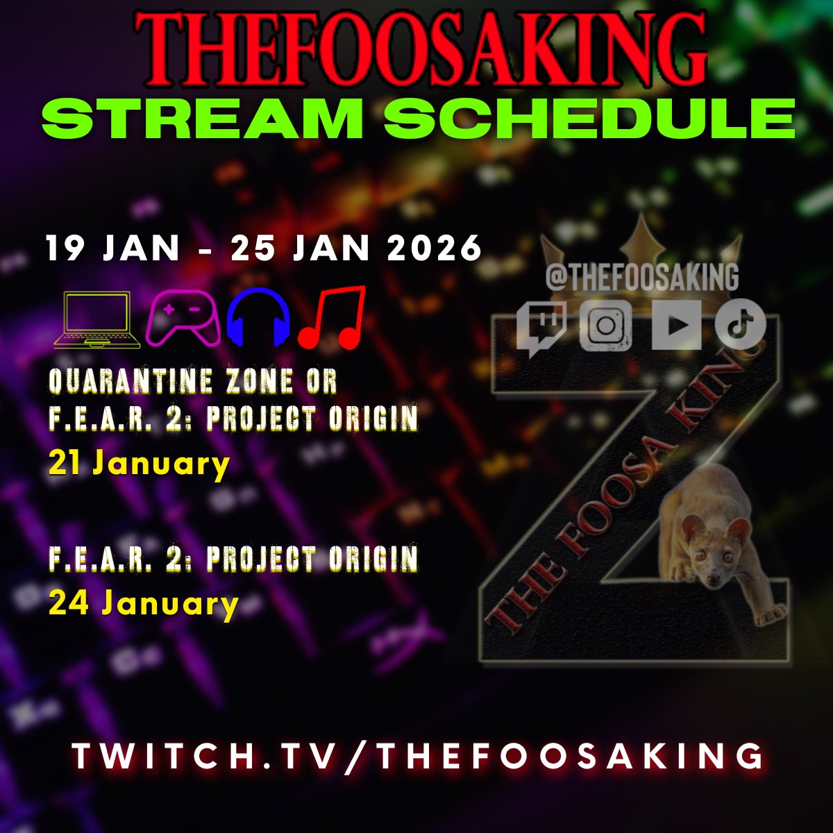 Stream Schedule for the coming week. Looks like i might get to play Quarantine Zone as well as continue the story in F.E.A.R 2
