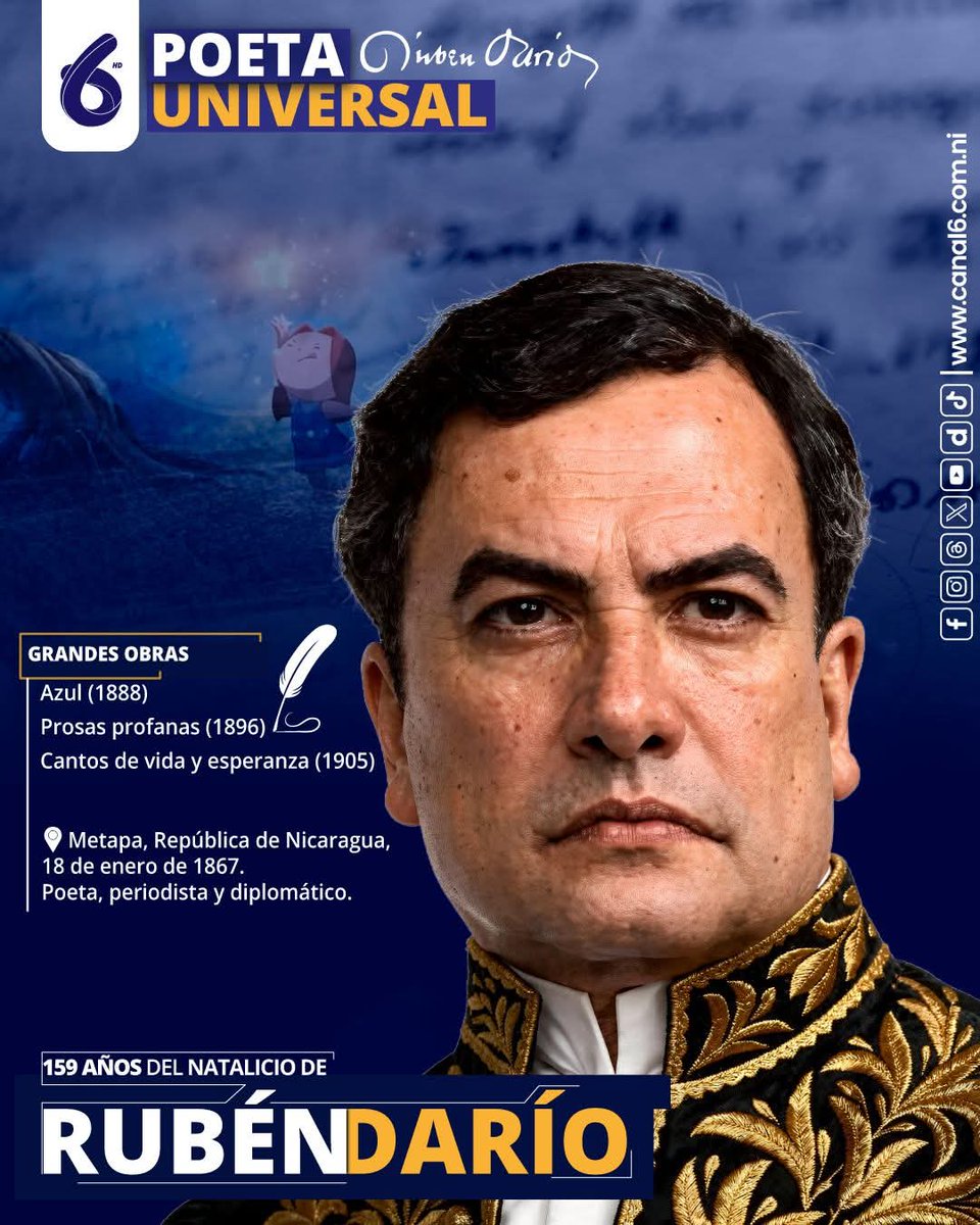 #RubénDarío
Su poesía transformó la literatura en español y dejó un legado que continúa inspirando a escritores y lectores en todo el mundo. Hoy celebramos el natalicio de Rubén Darío, orgullo de Nicaragua y Príncipe de las Letras Castellanas.

#UnidosEnVictorias