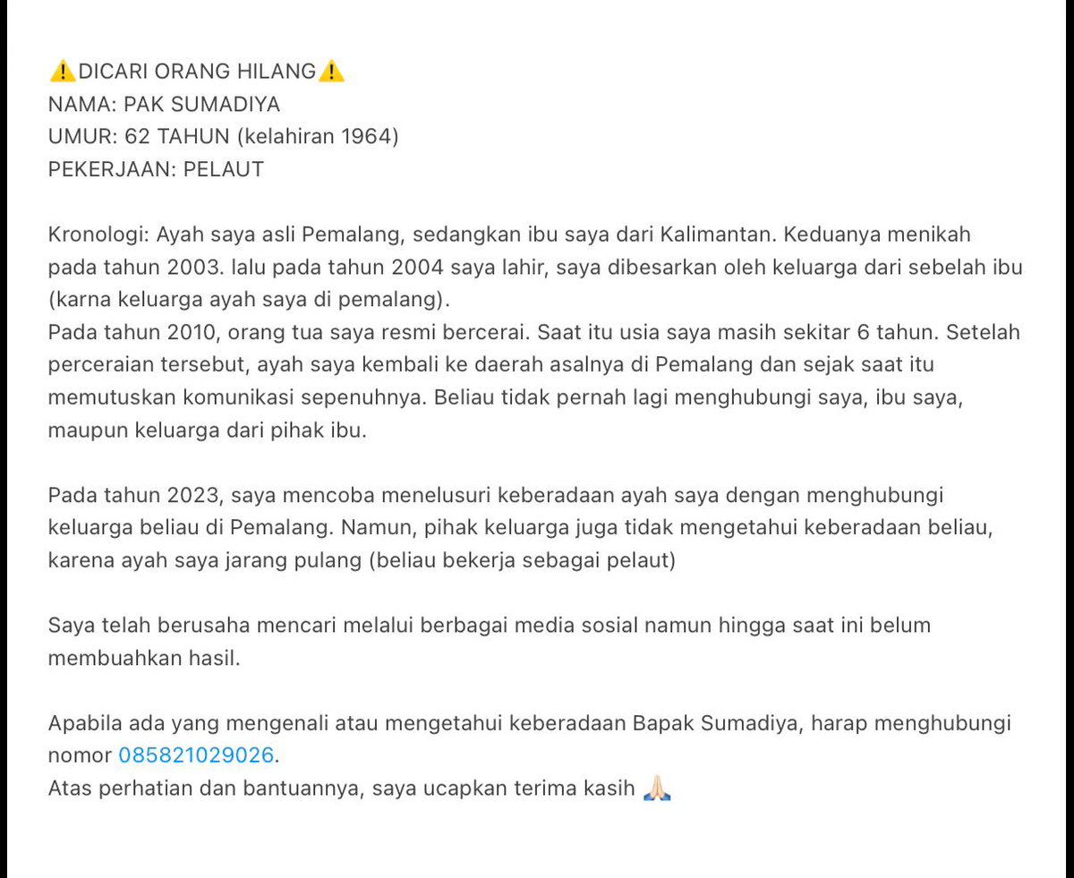 tanyarlfes's tweet image. ⚠️DICARI ORANG HILANG⚠️
NAMA: PAK SUMADIYA
UMUR: 62 TAHUN (kelahiran 1964)
PEKERJAAN: PELAUT 💚
