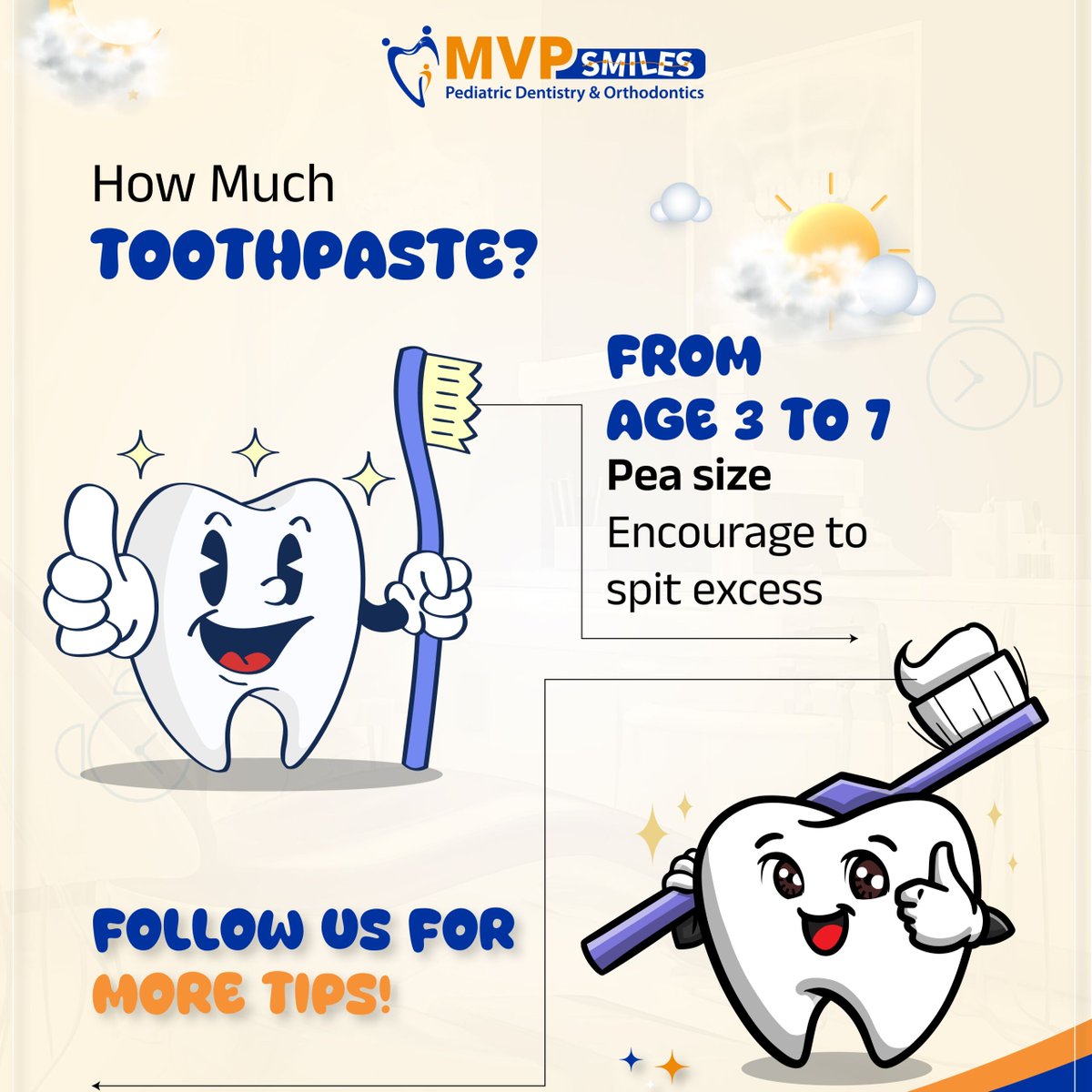 From ages 3–7, a pea-sized amount does the job, just enough to protect little smiles while avoiding excess swallowing.​

Healthy habits start early, and we’re here to guide you every step of the way 💙​

👉 Follow MVP Smiles for more kids’ dental care tips, oral hygiene advice...