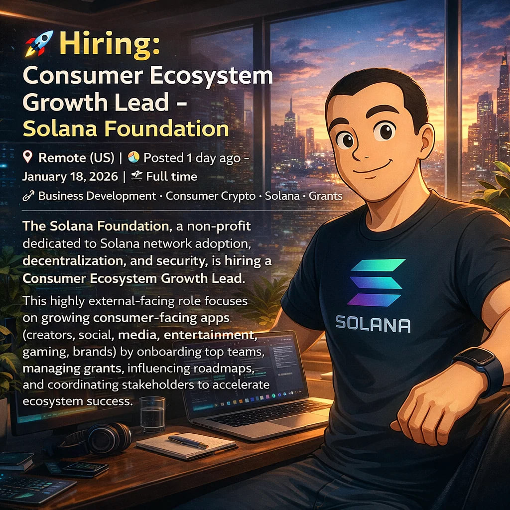 🚀 Hiring: Consumer Ecosystem Growth Lead - Solana Foundation 📍 Remote  (US) | 💼 Full time | 🧑‍💻 Business Development · Consumer · Solana ·  Grants | 🕐 Posted 1 day ago -
