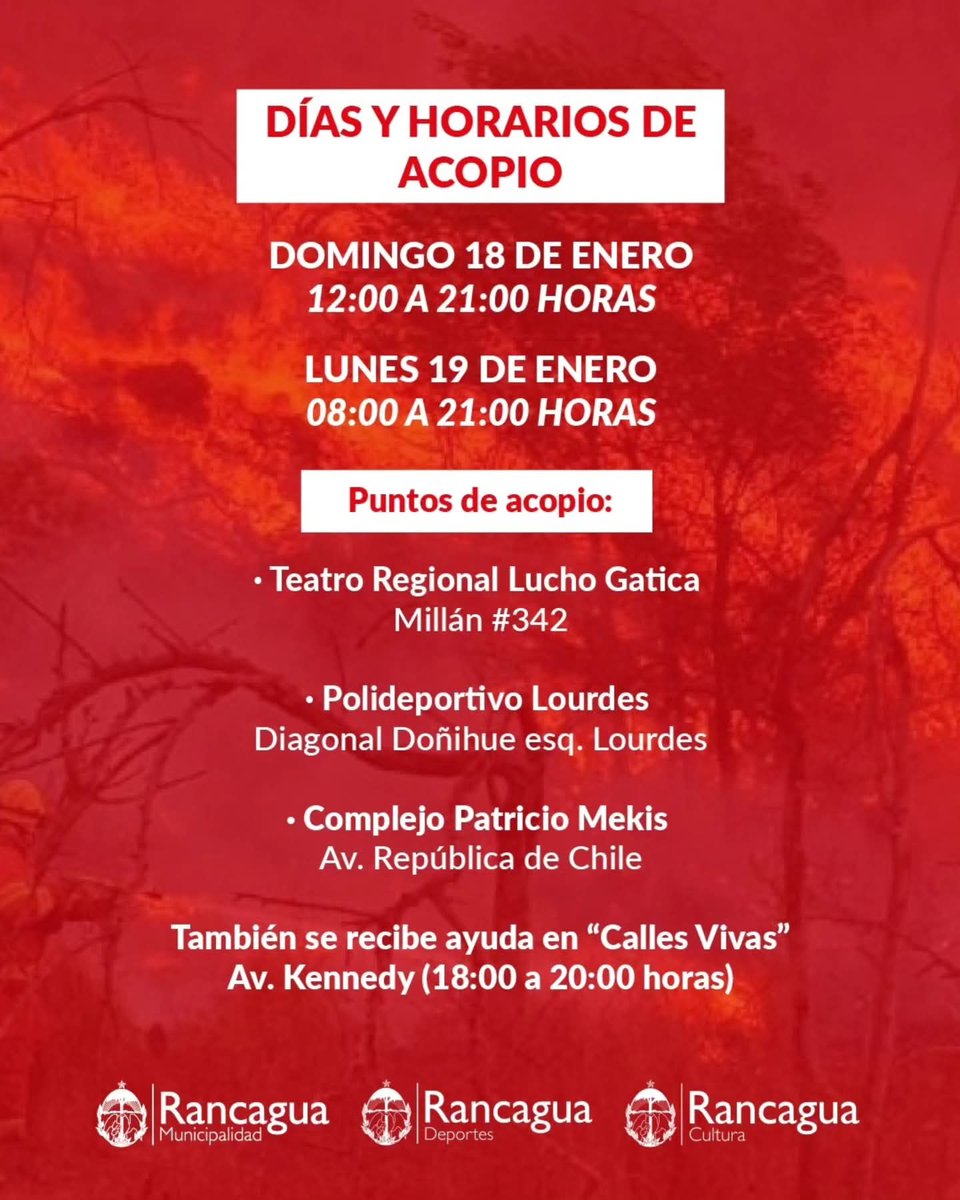 📌 Puntos de acopio:

• Teatro Regional Lucho Gatica (Millán #342)
• Polideportivo Lourdes (Diagonal Doñihue esq. Lourdes)
• Complejo Patricio Mekis (Av. República de Chile)

➕ También se recibe ayuda en "Calles Vivas" Av. Kennedy | 18:00 a 20:00 hrs