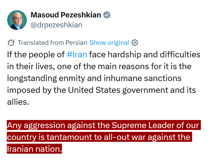 disclosetv's tweet photo. JUST IN - Iran's president warns that any aggression against the Supreme Leader will be considered as "all-out war." https://t.co/xJLL9C1q3o