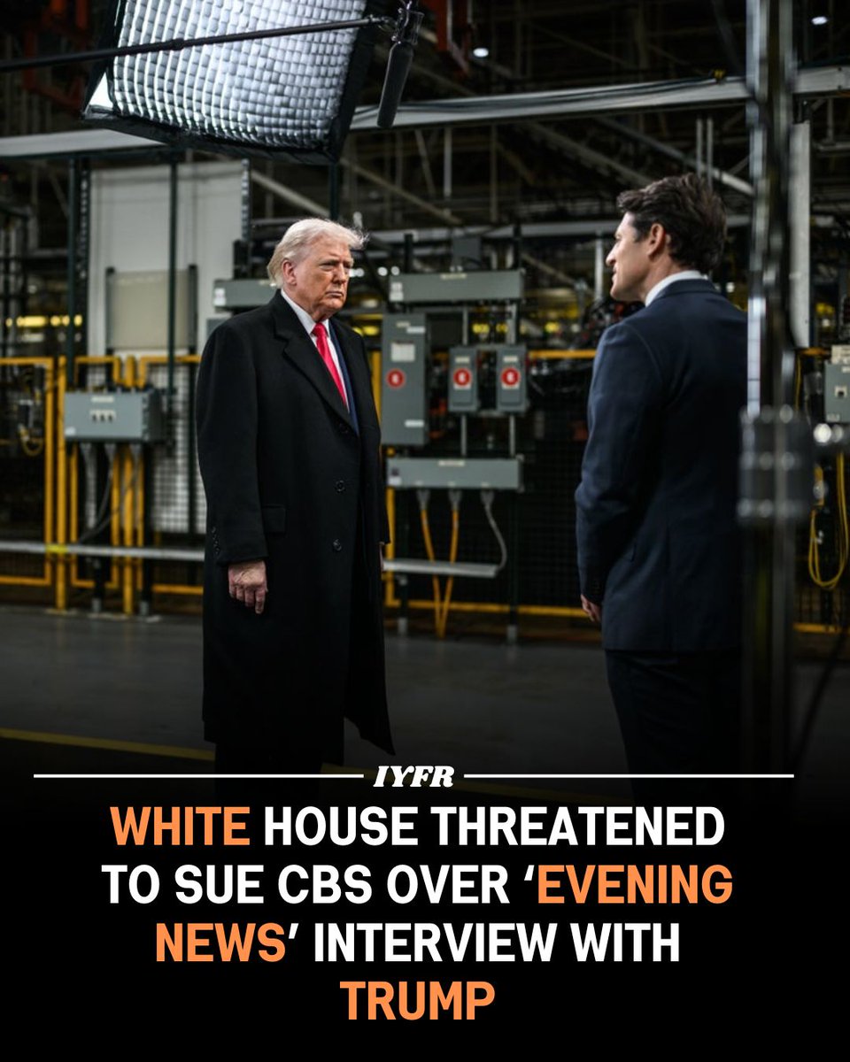 InYourFaceRadio's tweet photo. The White House, through Press Secretary Karoline Leavitt, warned CBS News that President Trump would sue the network if its recent "CBS Evening News" interview with him—conducted by anchor Tony Dokoupil—was not aired in full and unedited. 

#Trump #CBSNews #WhiteHouse #Media https://t.co/XFddr1a1It