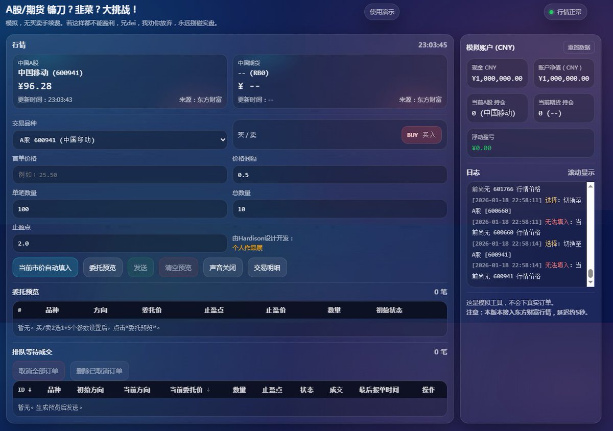 晚上，用Ai生成的替换币圈行情为国内股票和期货模拟盘自动化交易期货主力合约价格没有获取到明天再试试其他几家看看