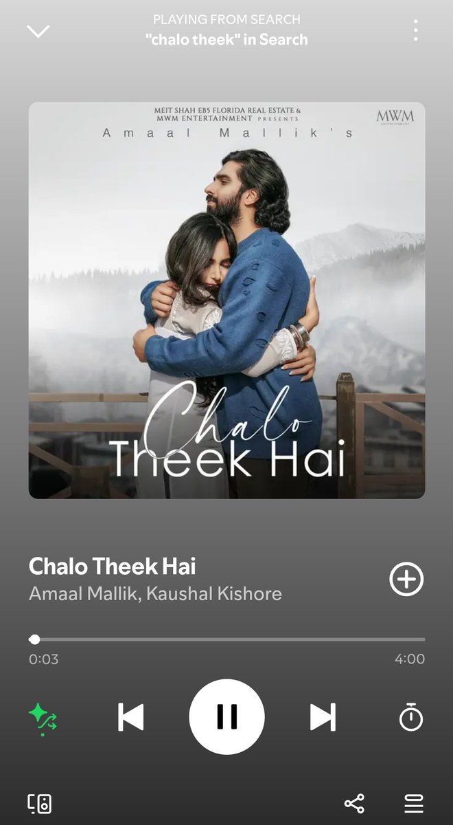 Which song of <a href="/AmaalMallik/">Amaal Mallik</a> is currently playing now on Spotify 
Drop your screenshot while quoting this 
Mine is "CHALO THEEK HAI" 🤍🤌🏻

I nominate <a href="/Mihika_AM/">Mihaal🌻Mihika</a>
 to continue the chain ⛓️‍💥 

#AmaalMallik 
#Amaalians𓃵