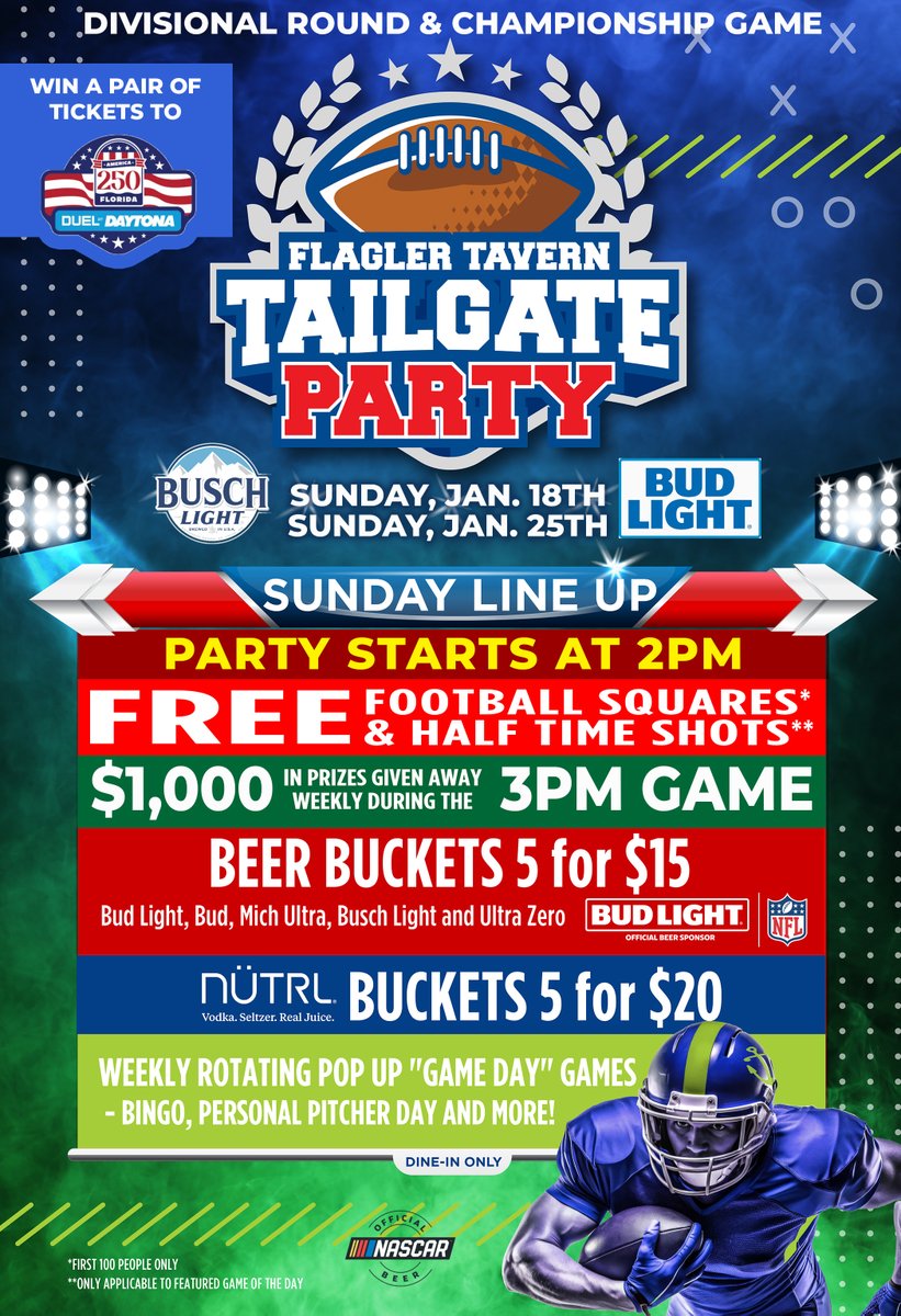 Our Tailgate Party starts at 2PM for the Texans/Patriots game! And, we're giving away a Pair of Dual at Daytona Tickets during today's Free Football Squares!

Specials:
BEER BUCKETS 5 for $15
NÜTRL BUCKETS 5 for $20
FREE Halftime Shots
#DaytonaOnTap