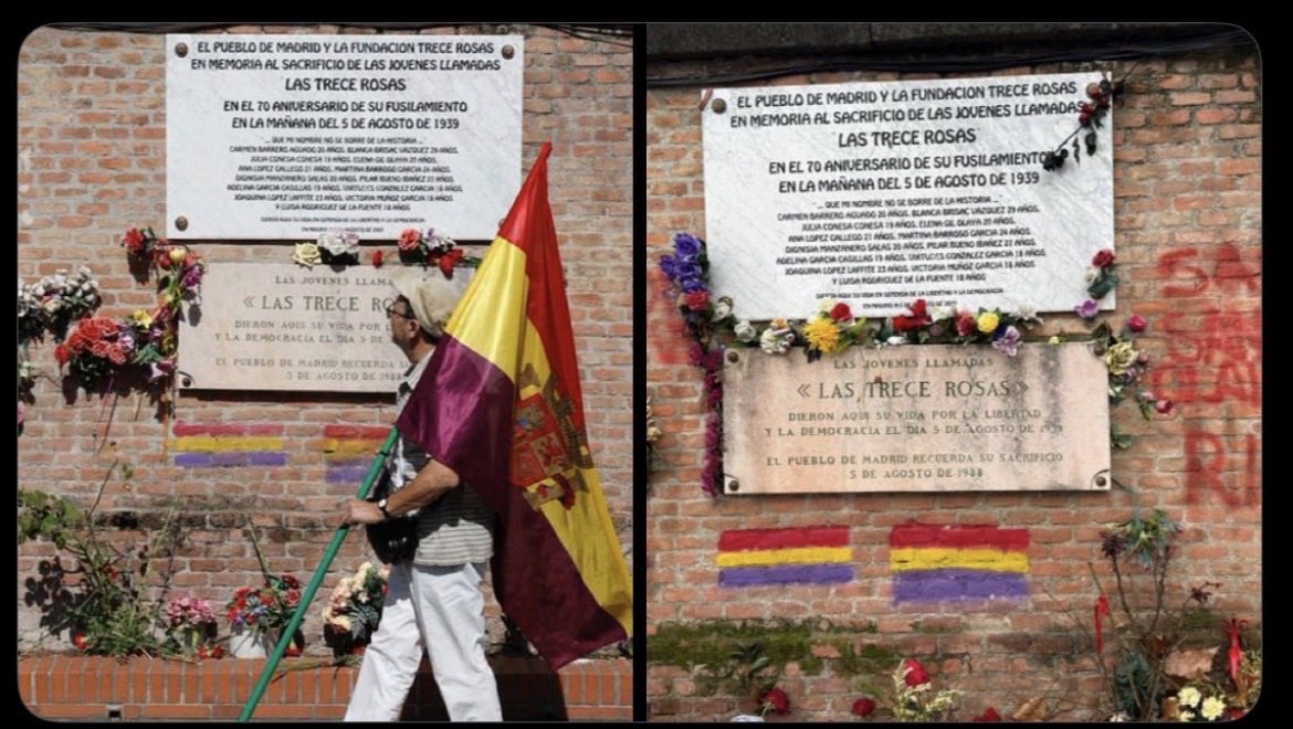 ArturoVilla_'s tweet image. Quienes han vandalizado el memorial de las terroristas conocidas como “Trece Rosas” tenían un spray de pintura roja, pero en vez de convertir la bandera republicana que había en una rojigualda, han aprovechado para repasarla.

Muy fascistas no son. ¿Falsa bandera o pelea interna?