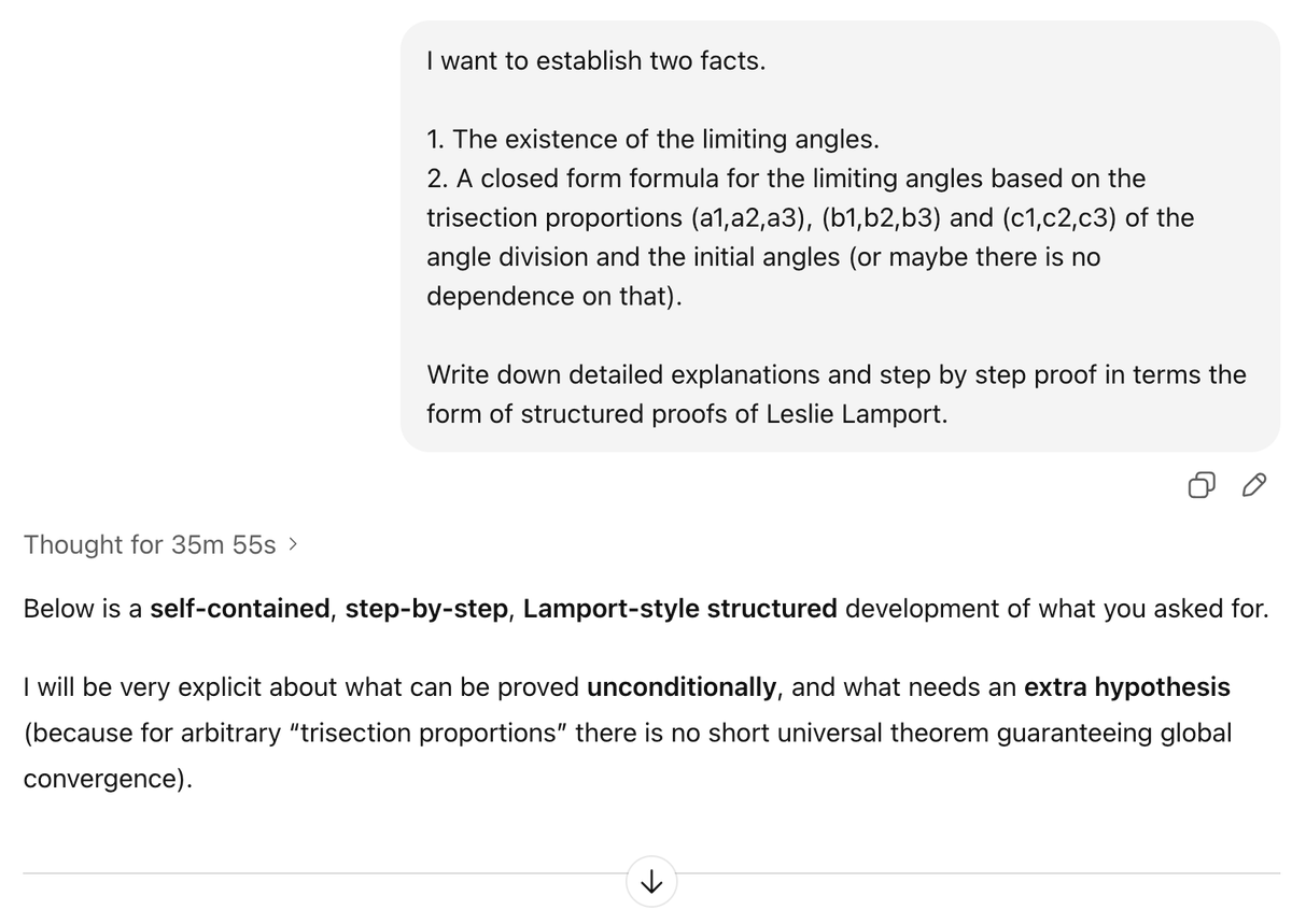 nasqret's tweet image. A simple AI proof hack. When asking any SOTA model to prove something add this (or similar) in the end

"Write a detailed explanation and a step-by-step proof presented in the style of Leslie Lamport’s structured proofs."

Works like charm.