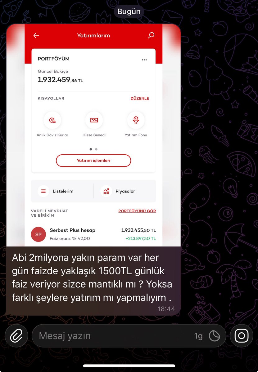 Bir takipçimin mesajı.

2 milyon TL mevduatta. Günlük 1500 TL faiz geliyor. Siz olsanız nasıl değerlendirirdiniz?

Yorumlara bekliyorum.