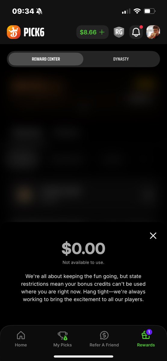 Lutz813's tweet photo. Highly recommend you AVOID the #pick6 app associated with @DraftKings it’s a racket. The promos are limited &amp; after advertising into oblivion that they’re in Florida now…they respond with this message 😆 I’ve deleted the app. NO THANK YOU https://t.co/vDxUftZnme