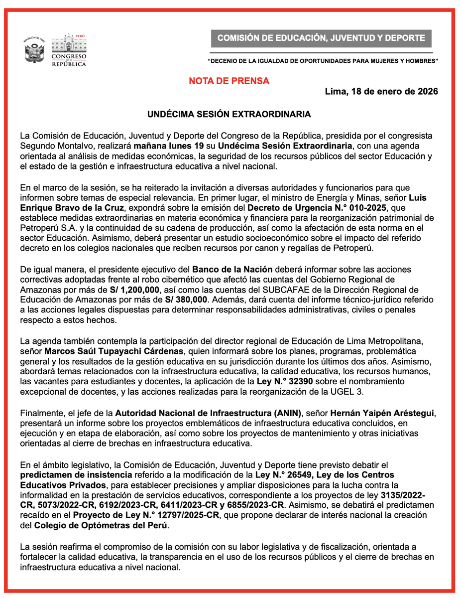 ✅📢La comisión de Educación, Juventud y Deporte que preside el congresista Segundo Montalvo, ha programado la undécima sesión extraordinaria donde se abordará temas urgentes que están detallado en la agenda: goo.su/SwNznQp