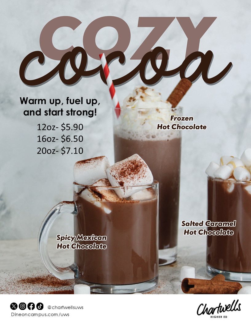 ChartwellsUWS's tweet photo. New Spicy Mexican and Salted Carmel hot chocolates available starting 1/21!
Located at Caribou in the Yellowjacket Union. https://t.co/oVPoRs5p5X