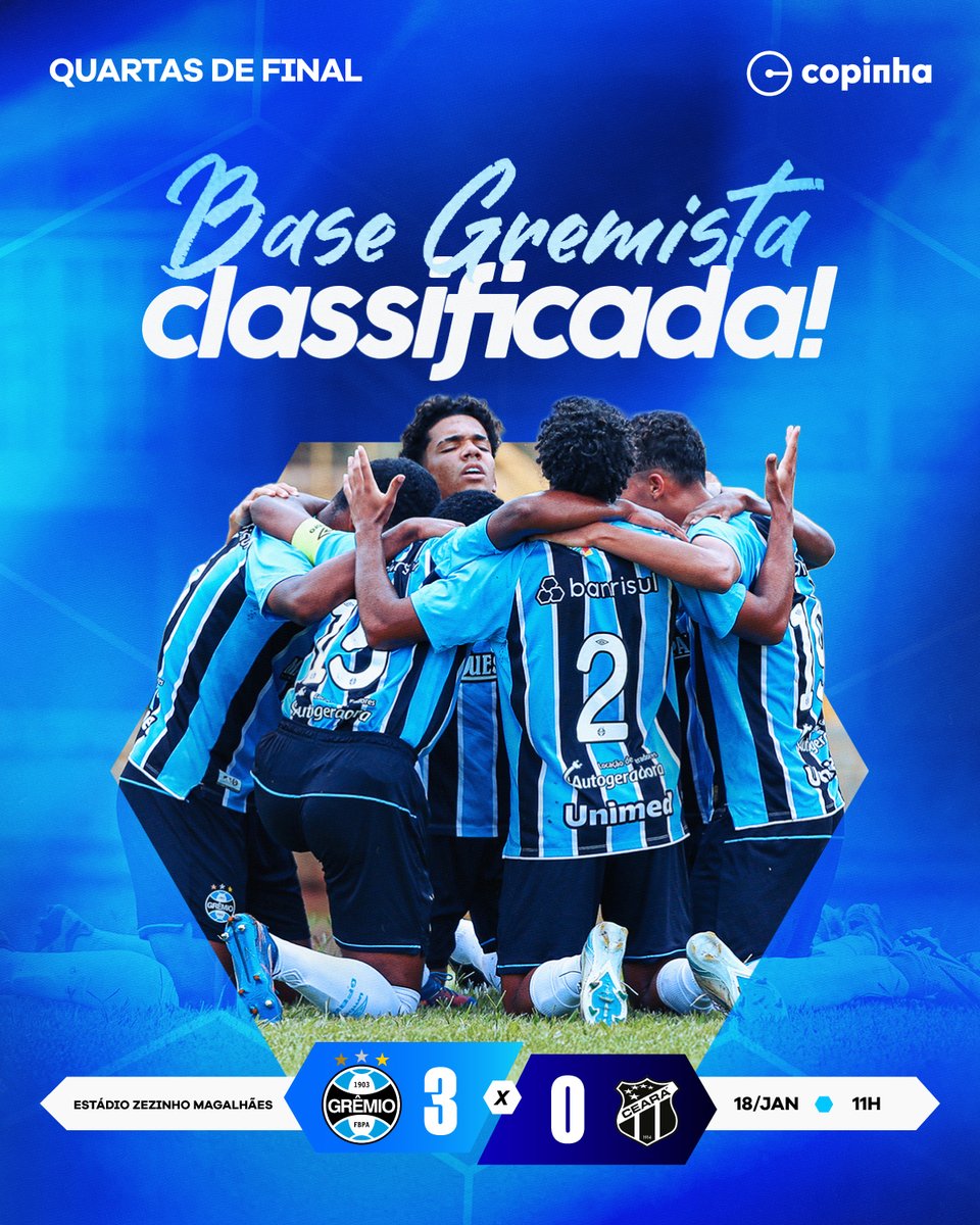 Gremio's tweet photo. ESTAMOS NA SEMIFINAL! 🇪🇪 #Grêmio 3x0 Ceará
Com gols de João Borne (2x) e Fellipe Magalhães, a #BaseGremista venceu com autoridade e carimbou a vaga na semifinal da #Copinha2026. Mais um passo importante rumo ao objetivo. VAMOS, GURIZADA! 💪🏽 https://t.co/AoaFihkNn5