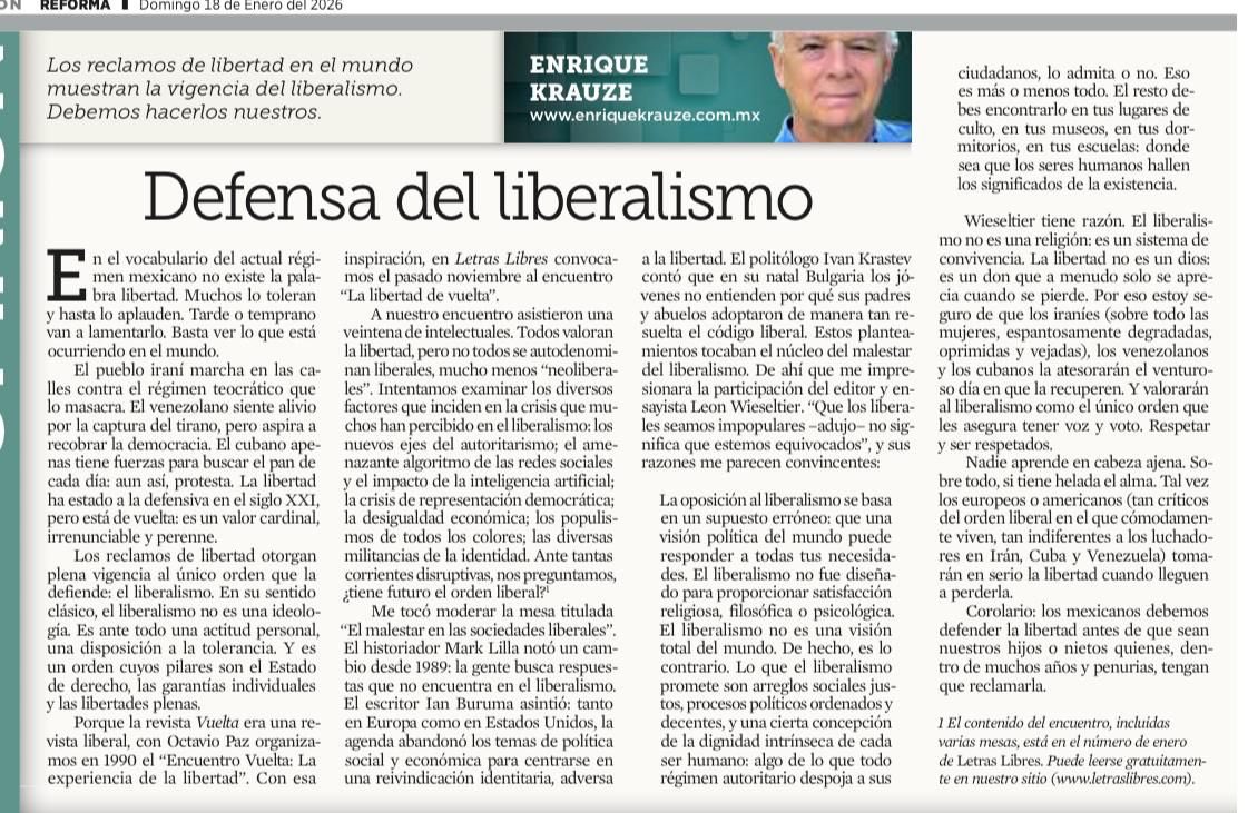Los iraníes, venezolanos y cubanos reclaman la libertad porque la perdieron. Los europeos y americanos la menosprecian porque la tienen. Los mexicanos estamos a punto de perderla. Que conste.