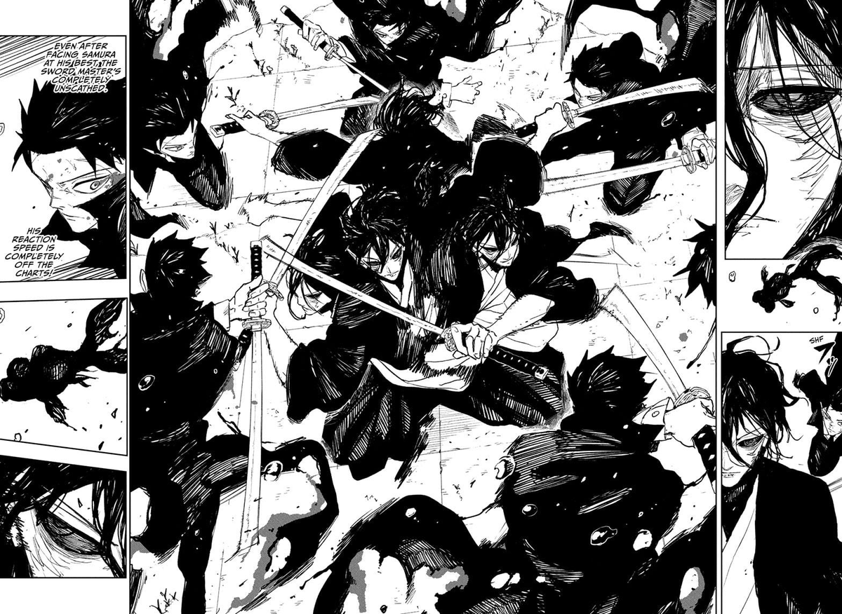 Dynamic_Weeb's tweet image. Not one. Not two. Not Three. but FOUR Double spreads for one of Kagurabachi's most defining chapters in my opinion. And the year has just only begun...