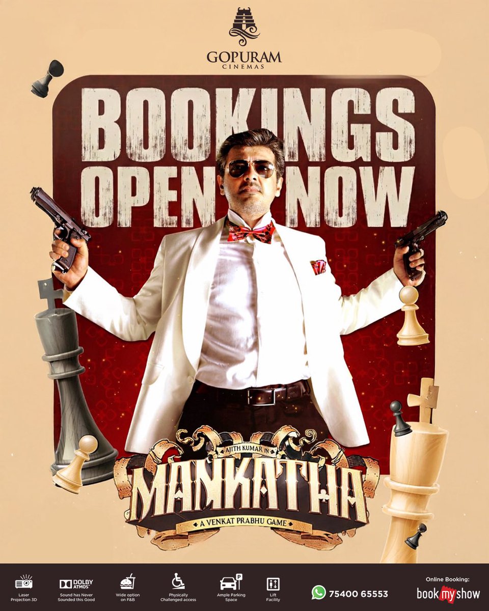 The game resumes - Vinayak Mahadev is back in play! ♦️ Bookings Open Now for #Mankatha at our <a href="/Gopuram_Cinemas/">Gopuram Cinemas</a>!💥

Book Your Tickets Now 🎟️ - t.ly/JghtT
Experience it with Laser Projection and Dolby ATMOS🔊

#AjithKumar <a href="/vp_offl/">venkat prabhu</a> <a href="/thisisysr/">Raja yuvan</a> <a href="/akarjunofficial/">Arjun</a>