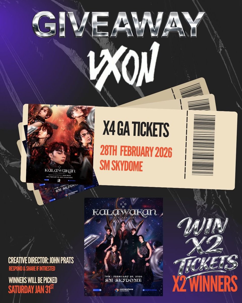 GIVEAWAY TIME 🚨

OF COURSE I had to support <a href="/vxonofficial/">VXON</a> their FIRST EVER CONCERT

🎟 x4 GA TICKETS
👉 2 WINNERS
👉 Each winner gets +1 (bring your concert bestie!)

 CONCERT DETAILS
🗓 28th February, 7PM 
📍 SM SKYDOME

Creative Director: <a href="/iamjohnprats/">JohnPrats</a> 

💥 HOW TO ENTER