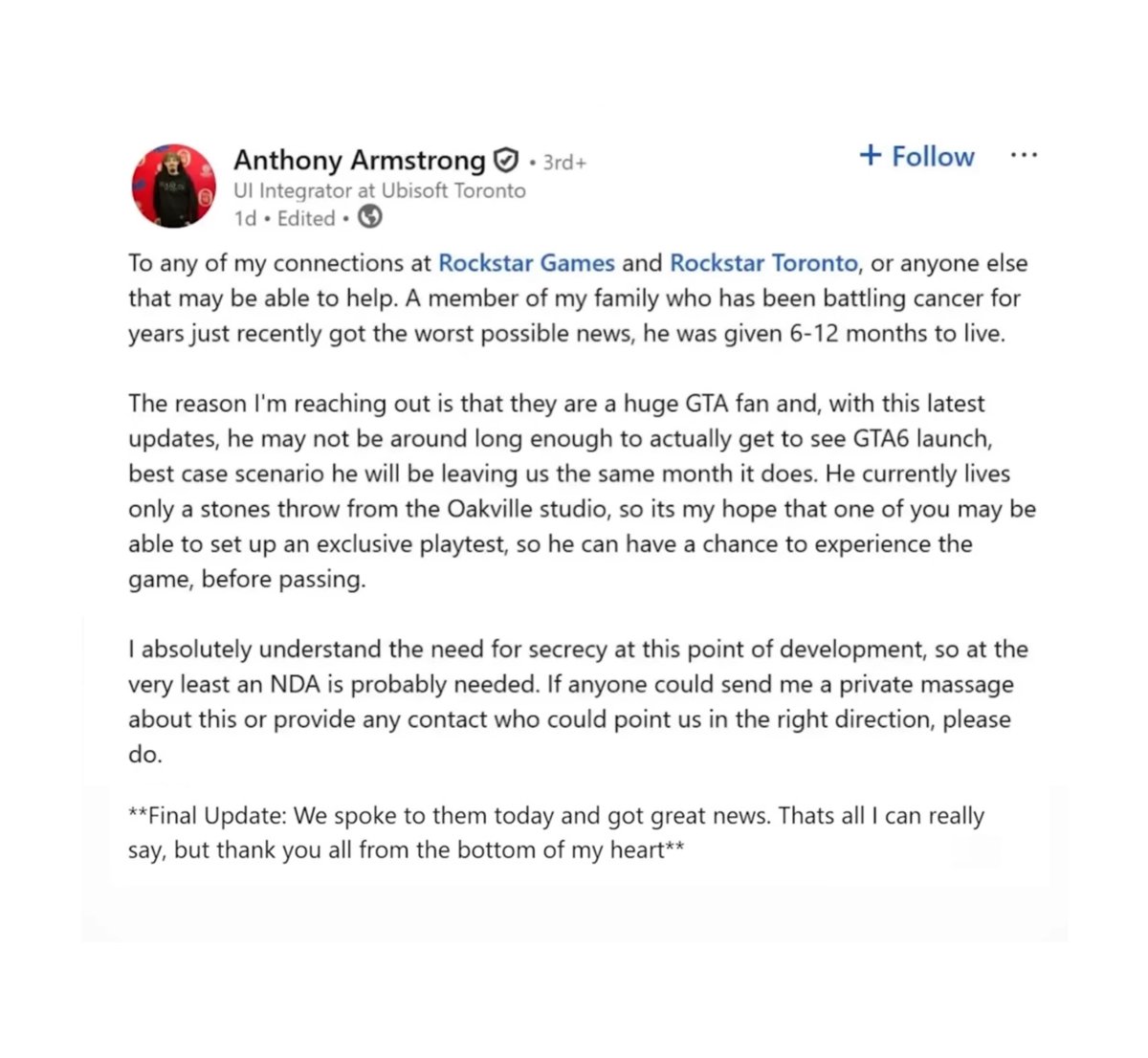 LegionLooterana's tweet photo. 😥 A veces, el mundo nos regala momentos que nos rompen el corazón y nos lo curan a la vez. 💔❤️‍🩹

🔥🎮 Rockstar Games concede el deseo de un fan con una enfermedad terminal de jugar GTA 6 antes de tiempo tras compartir, un miembro de su familia triste historia.

🥹 Esto no va de gráficos, ni de misiones, ni de hype. Esto va de humanidad. De cumplir un último deseo.

⛲VIA | GTAcountdawn