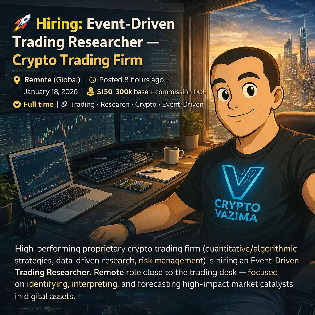 🚀 Hiring: Event-Driven Trading Researcher - Crypto Trading Firm 📍 Remote  (Global) | 💼 Full time | 🧑‍💻 Trading · Research · Crypto ·  MarketIntelligence | 💰 $150-300k base + commission DOE |