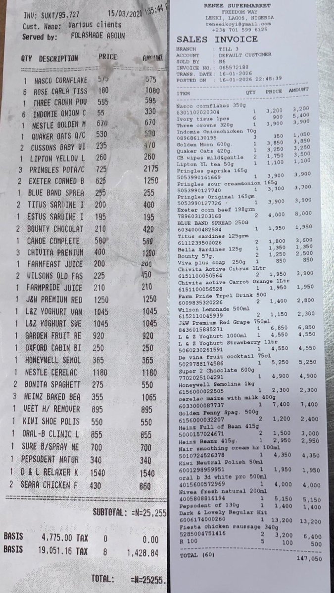 OurFavOnlineDoc's tweet photo. Someone in Nigeria bought some items in March 2020. Same person decided to buy the same items in Jan 2026. Guess what they found?

The items which cost about 25,000 naira in 2020 now cost about 147,000 naira.

The same items. Under the same govt.
The APC is a gang of criminals. https://t.co/swXxrX4fJ2