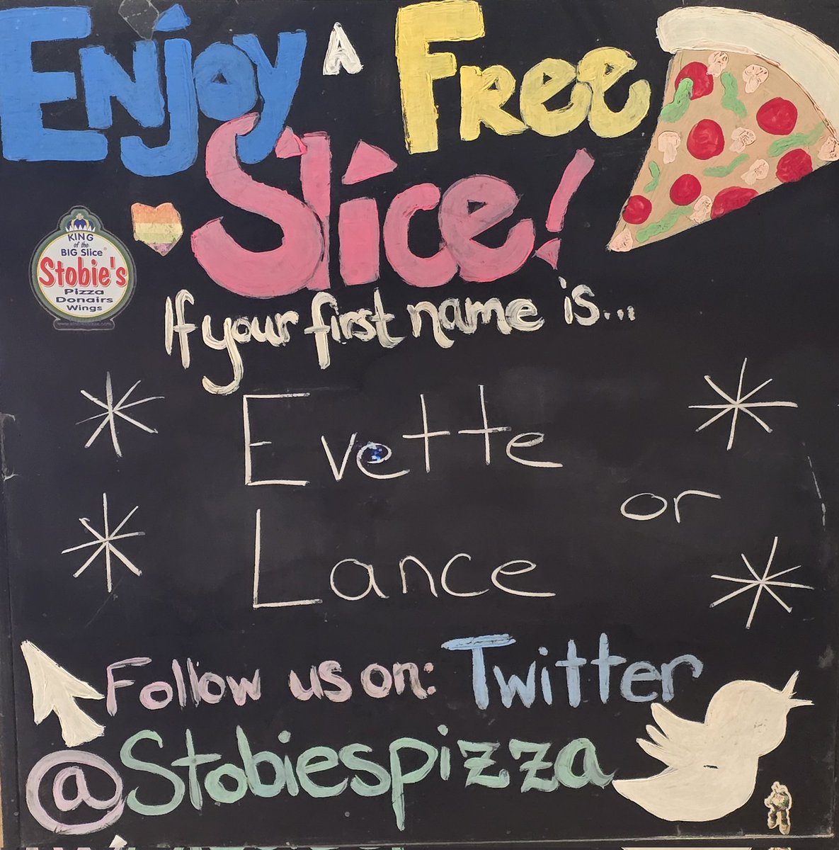 Enjoy a free🍕today if your first name is 🥁🥁🥁🥁 Evette or Lance 
#Evette #Lance #namedayslice #kingofthebigslice®️👑
•
🍕
•
🍕
delivery starts at 11 AM 
Call 519-432-2228 or click or Uber Eats or DoorDash
☎️📲💻🍕🍗🌯🥟🥗🚗😍
🍕