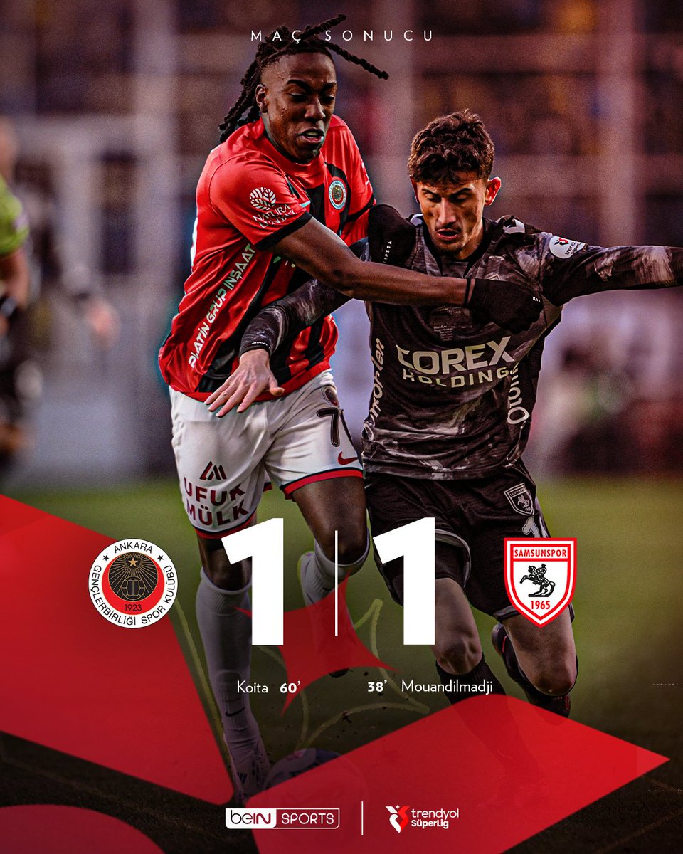 beINSPORTS_TR's tweet photo. ⚽ Maç Sonucu: Gençlerbirliği 1-1 Samsunspor

#TrendyolSüperLig #SüperBirSezon #GENvSAM https://t.co/yKhEyWxF3V