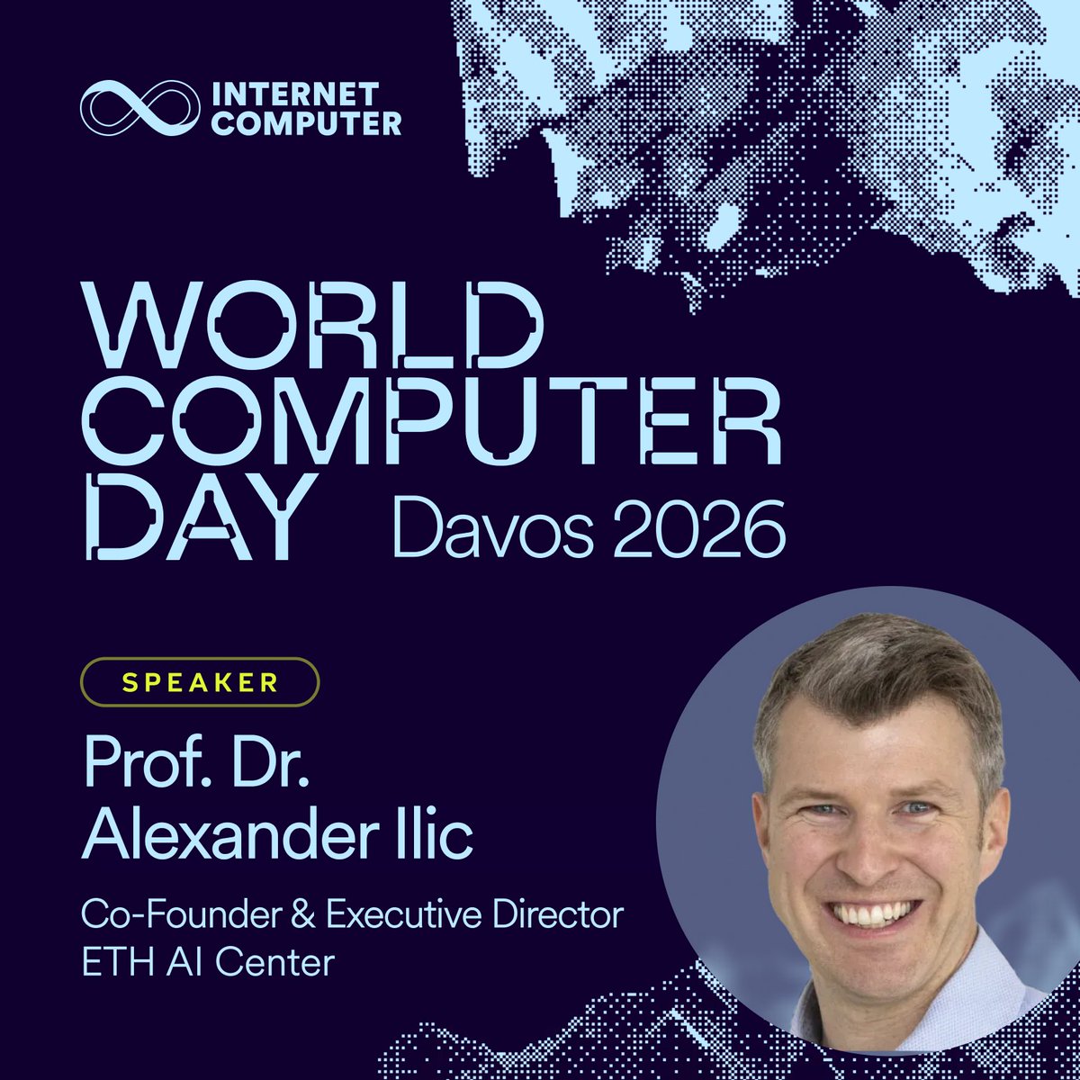 dfinity's tweet photo. Speaker Announcement 📢

We are pleased to share that Prof. Dr. Alexander Ilic, Co-Founder and Executive Director of the ETH AI Center, will be speaking at World Computer Day in Davos on Tuesday, January 20, 2026.

Meet the Speaker:
Alexander Ilic is the Executive Director and a co-founder of the ETH AI Center. He completed his habilitation at University of St. Gallen (HSG), holds a PhD from ETH Zurich, and a MSc from TU Munich. Alex is a Swiss-German deep tech entrepreneur, researcher, and investor. 

He co-founded the computer vision start-up Dacuda which was acquired by Augmented Reality pioneer Magic Leap in 2017.  Alex has been named "Entrepreneur of the Year" twice (2011 by HSG, 2012 by EY) and won several entrepreneurship prizes including the Swiss Economic Award.

Learn more about #WorldComputerDay: https://t.co/X5atlkylbY

#WorldComputer #Davos26