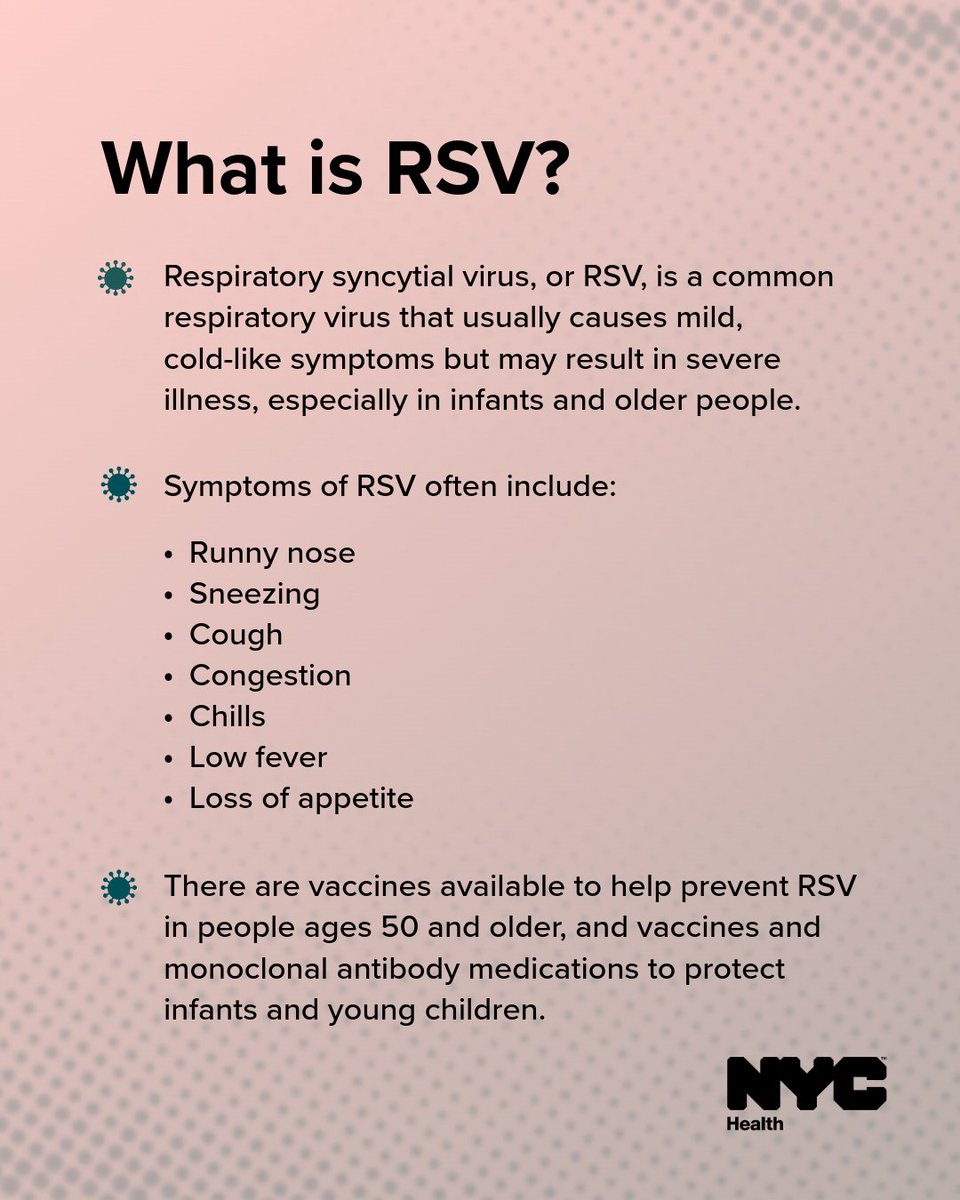 NYCHealthSystem's tweet image. RSV can cause severe illness, especially in infants and older adults.

There are vaccines to help prevent RSV in people ages 50 and older, and vaccines and monoclonal antibody medications to protect infants and young children.

Learn more: on.nyc.gov/3Oq32vi.