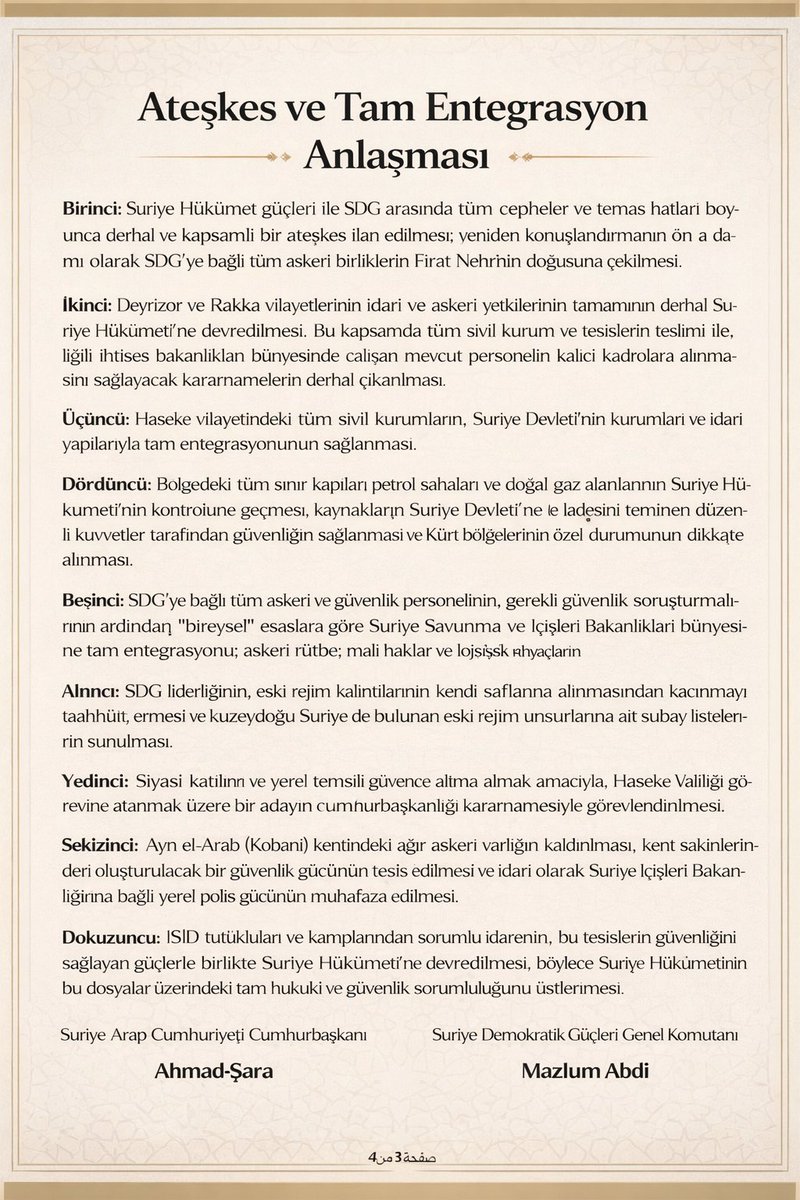 Suriye Hükümeti ile SDG anlaştı. İşte anlaşma metni.