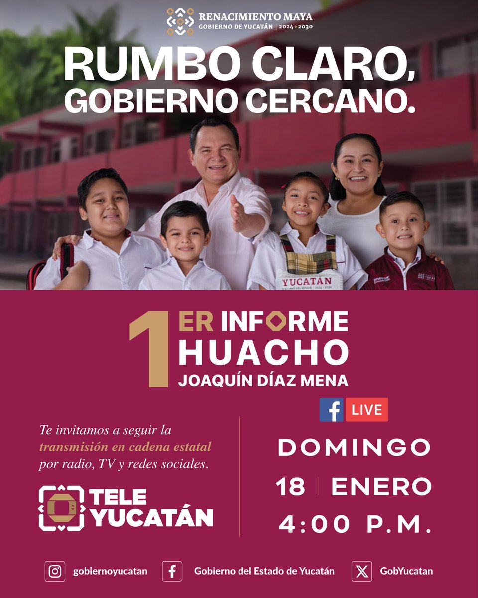 Hoy, Primer Informe de Gobierno.

Un año de trabajo, con #RumboyCercania.
🕓 4:00 p. m. | 📺 Conéctate a la transmisión por radio, TV y redes.

👉yucatan.gob.mx/informe
