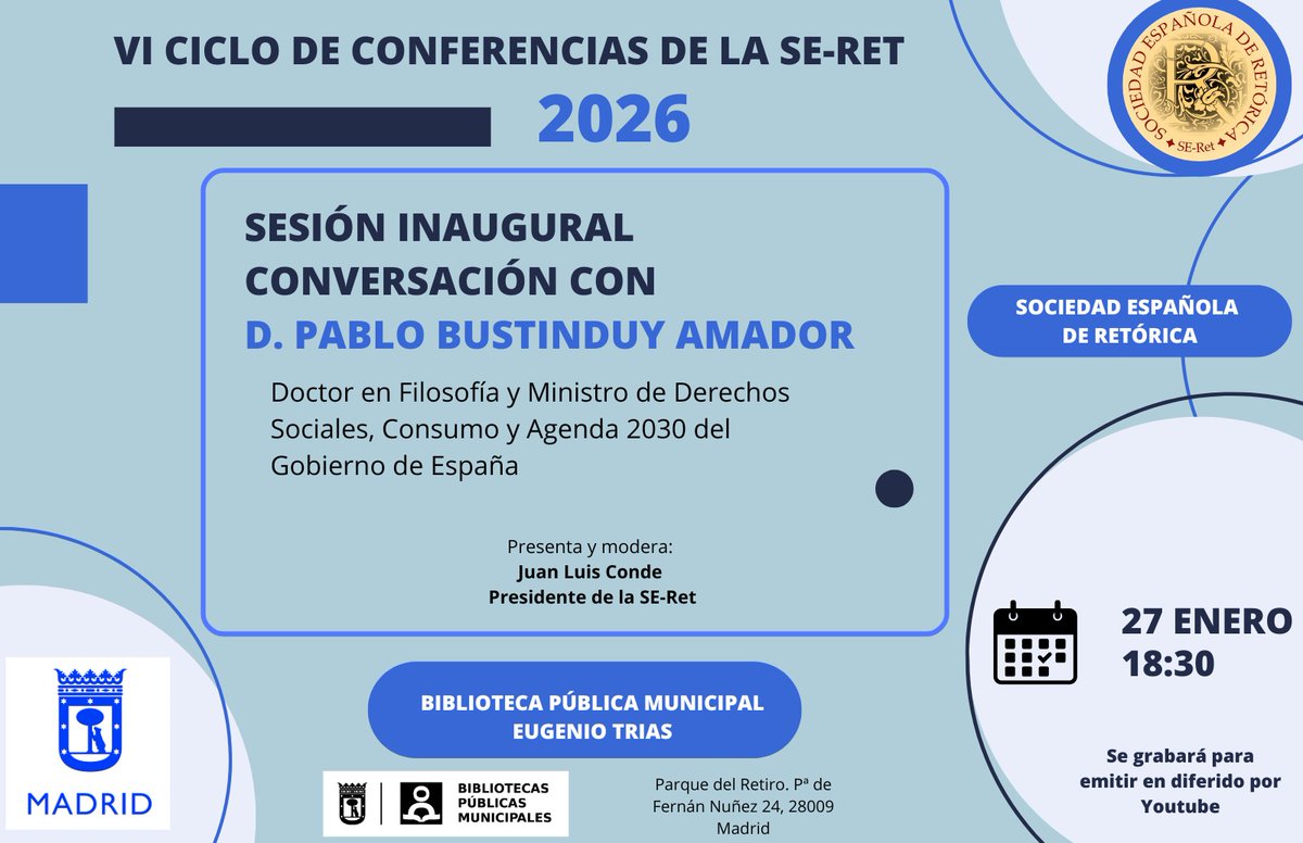 SE_Rhet's tweet photo. Nuestro VI Ciclo de Conferencias comienza el próximo día 27 a las 18:30 con la sesión inaugural a cargo de D. Pablo Bustinduy Amador. ¡Les esperamos! https://t.co/ATAXv6ojmK