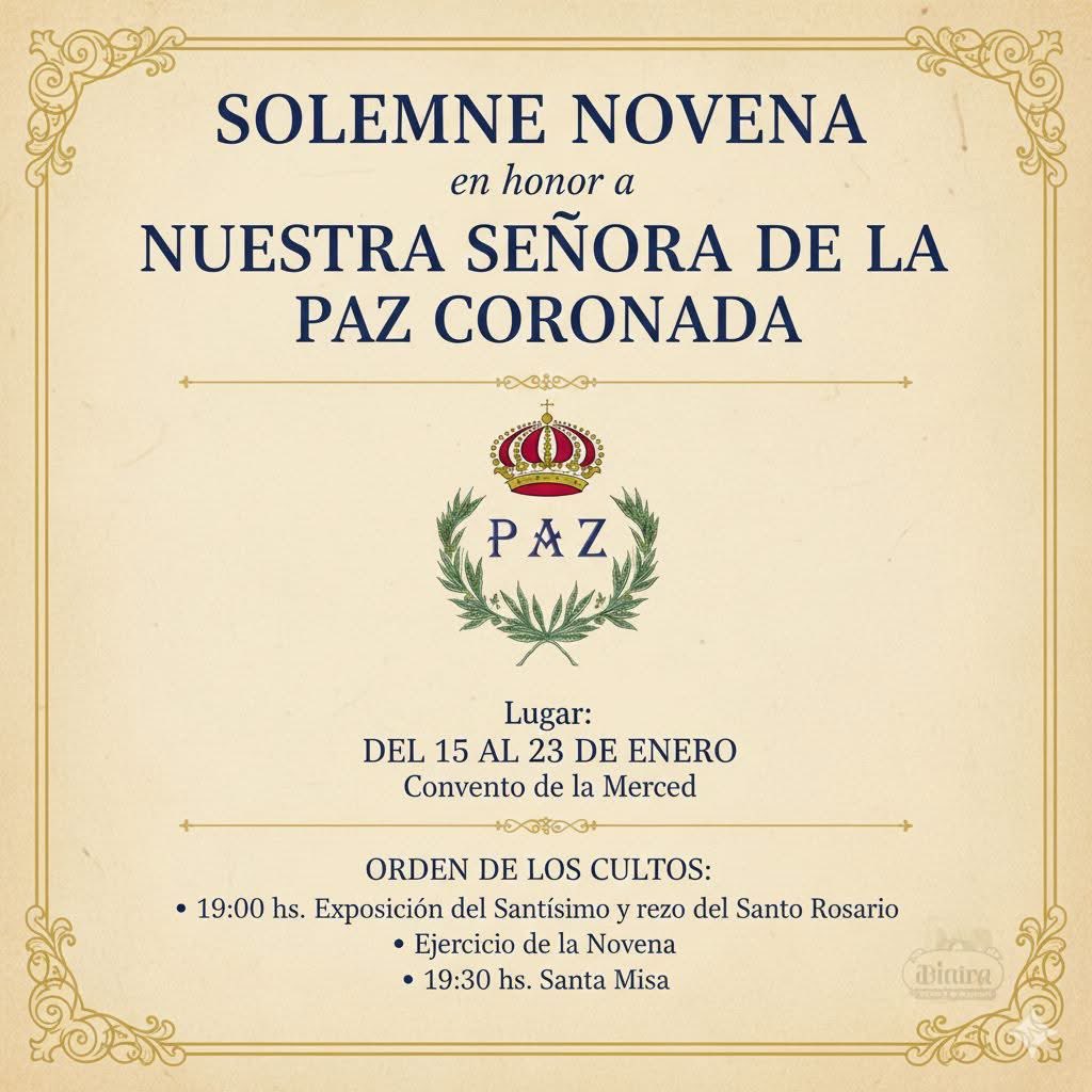 Solemne Novena a Ntra. Sra. de la Paz 
<a href="/HdadPazRonda/">Hdad Paz - Patrona de Ronda</a> 

📅Del 15 al 23 de Enero
🕒19:30h

#Ronda #VirgendelaPaz #PatronadeRonda #Novena