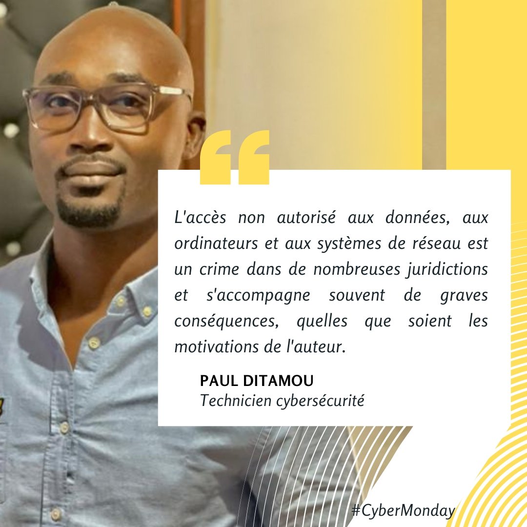 Il est de la responsabilité de chacun de connaître et de respecter les lois sur l'utilisation de l'ordinateur et la protection de la vie privée.
@ANTIC <a href="/cyberzoneAfrica/">CyberZone</a> <a href="/minpostel2035/">MINPOSTEL</a> <a href="/MinpostelC/">Minpostel_cm</a>
#CyberMonday #cybersecurityawareness